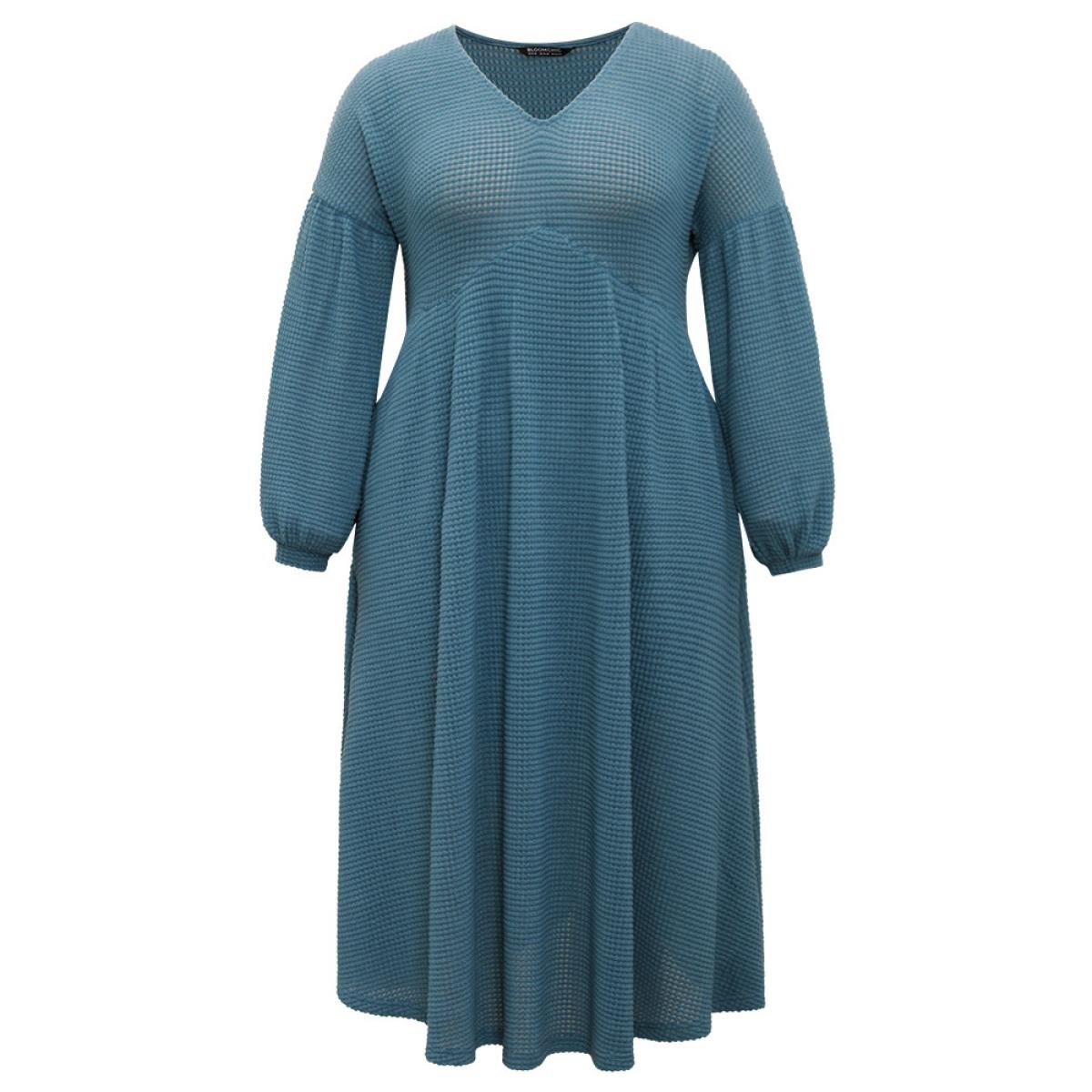 Plus Size Solid Waffle Knit Pocket Lantern Sleeve Dress Aegean Women Casual Texture V-neck Long Sleeve Curvy Midi Dress BloomChic 22-24/3X Product Image