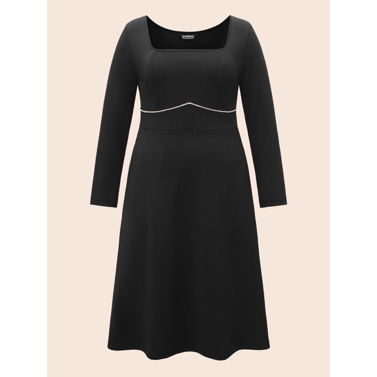 Plus Size Square Neck Shirred Rhinestone Midi Dress Black Women Cocktail Rhinestone detailing Party Curvy Bloomchic 30/6X Product Image