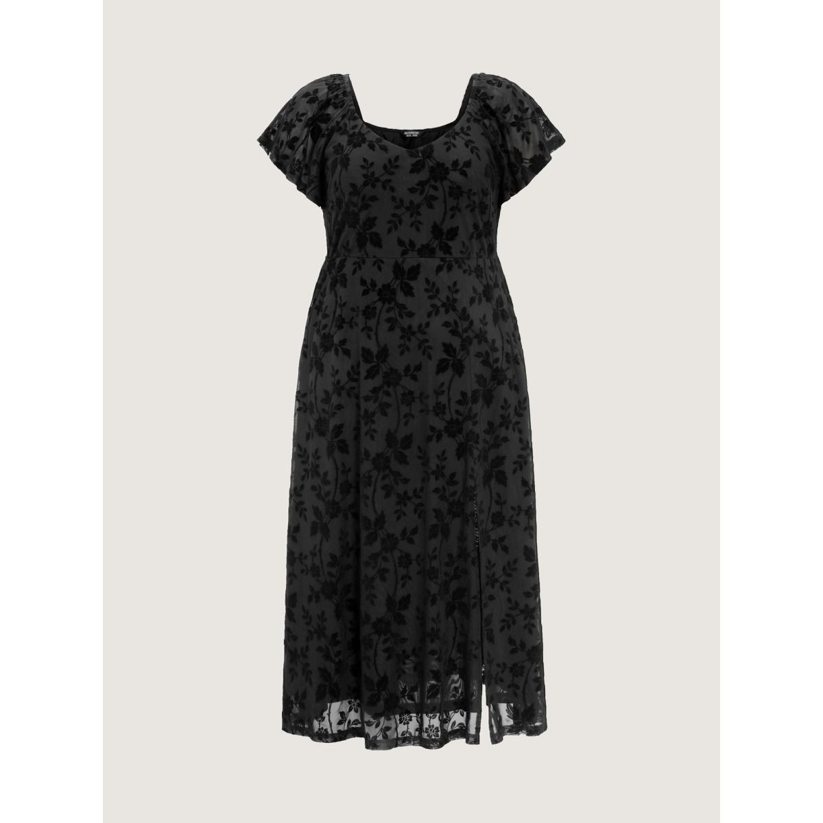 Plus Size Floral Textured Jacquard Slit Hem Maxi Dress Black Women Formal V-neck Cap Sleeve Curvy BloomChic 26/4X Product Image