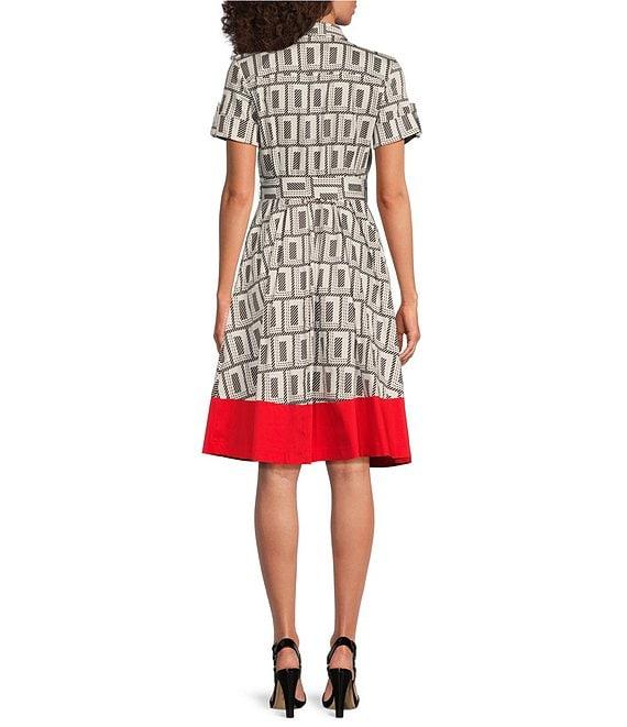 KARL LAGERFELD PARIS Sateen Geo Print Point Collar Short Sleeve Midi A-Line Dress Product Image