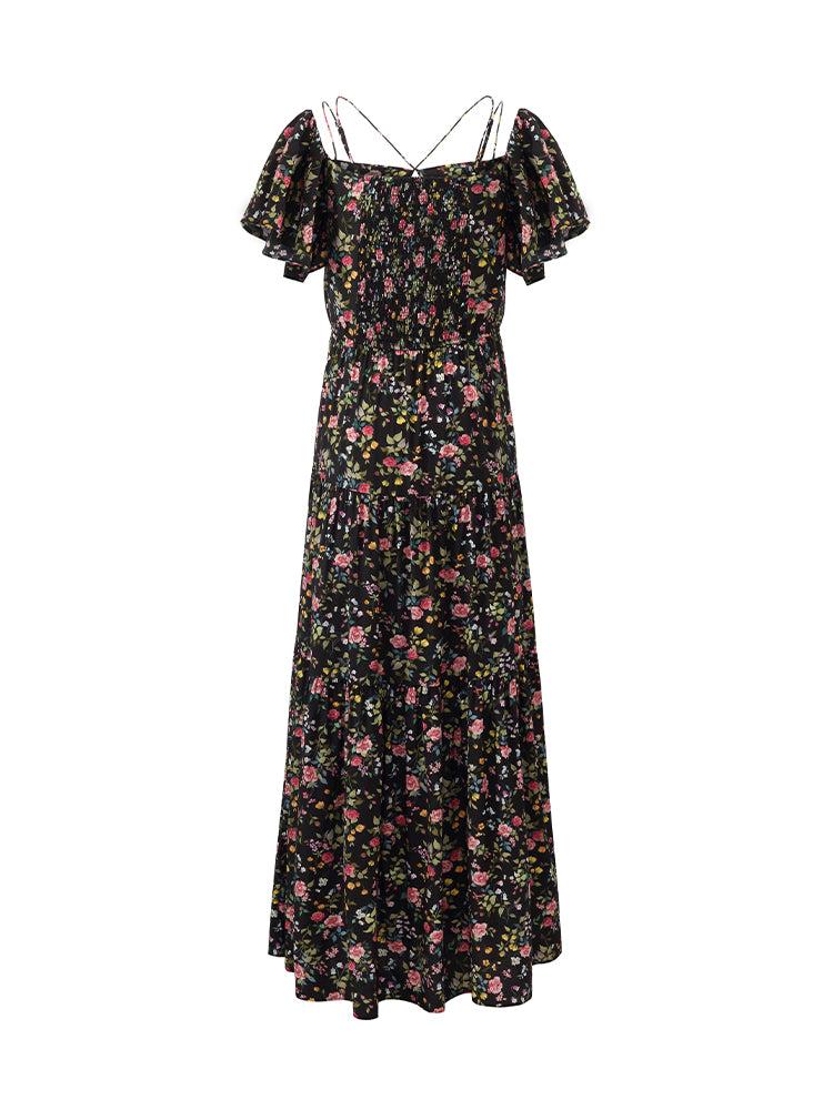 16 Momme Mulberry Silk Rose Print Off Shoulder Women Maxi Dress Product Image