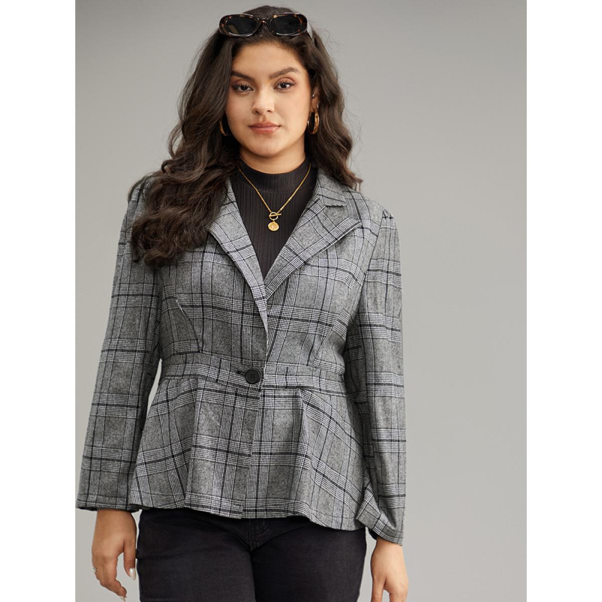 Plus Size Plaid Suit Collar Button Up Blazer Gray Women Work Plaid Button Sleeve Long Sleeve Suit Collar 22-24/3X At the Office Blazers BloomChic Product Image