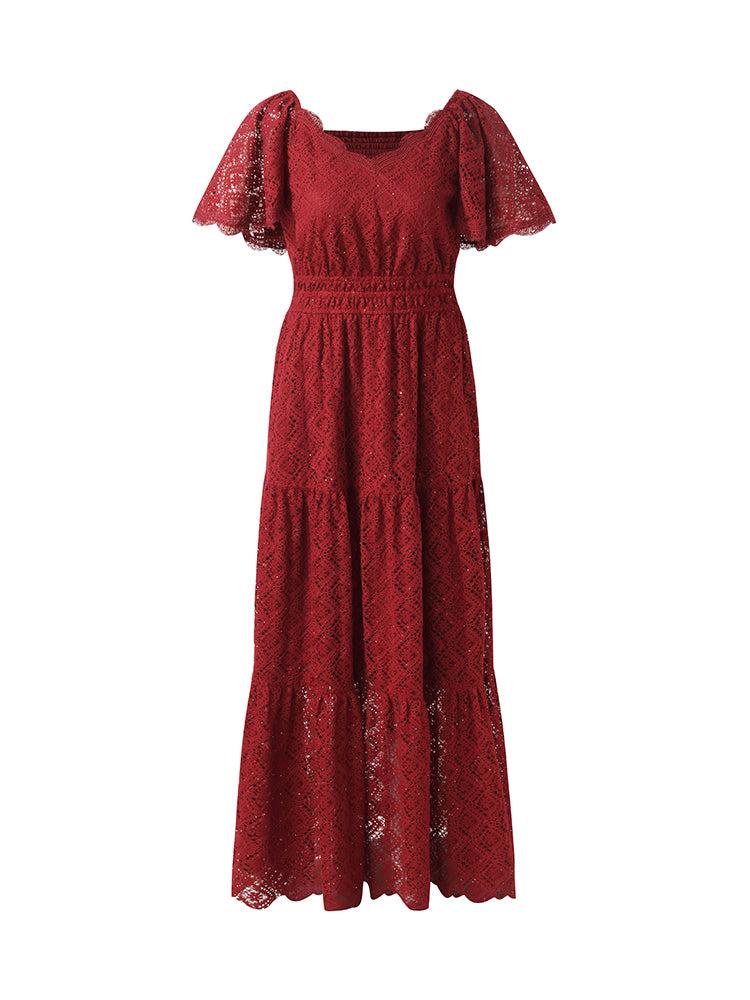Lace Openwork Gathered Waist Women Tiered Maxi Dress With Scrunchie Product Image