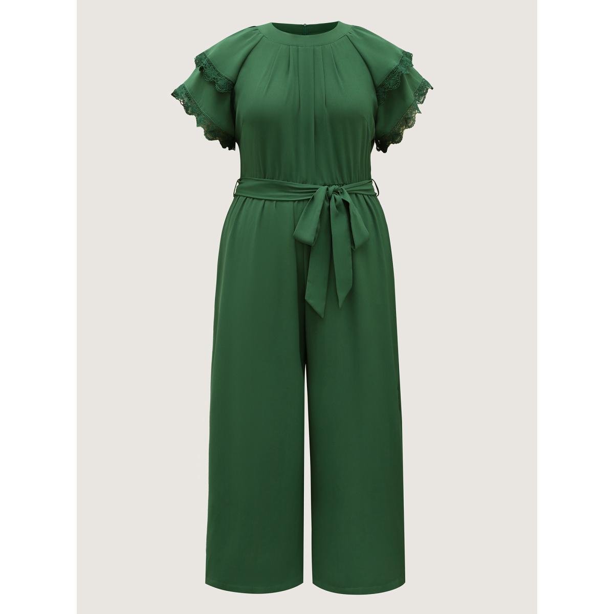 Plus Size DarkGreen Layered Lace Sleeve Belted Solid Jumpsuit Women Cap Sleeve Round Neck Elegant Loose Jumpsuits BloomChic 26/4X Product Image