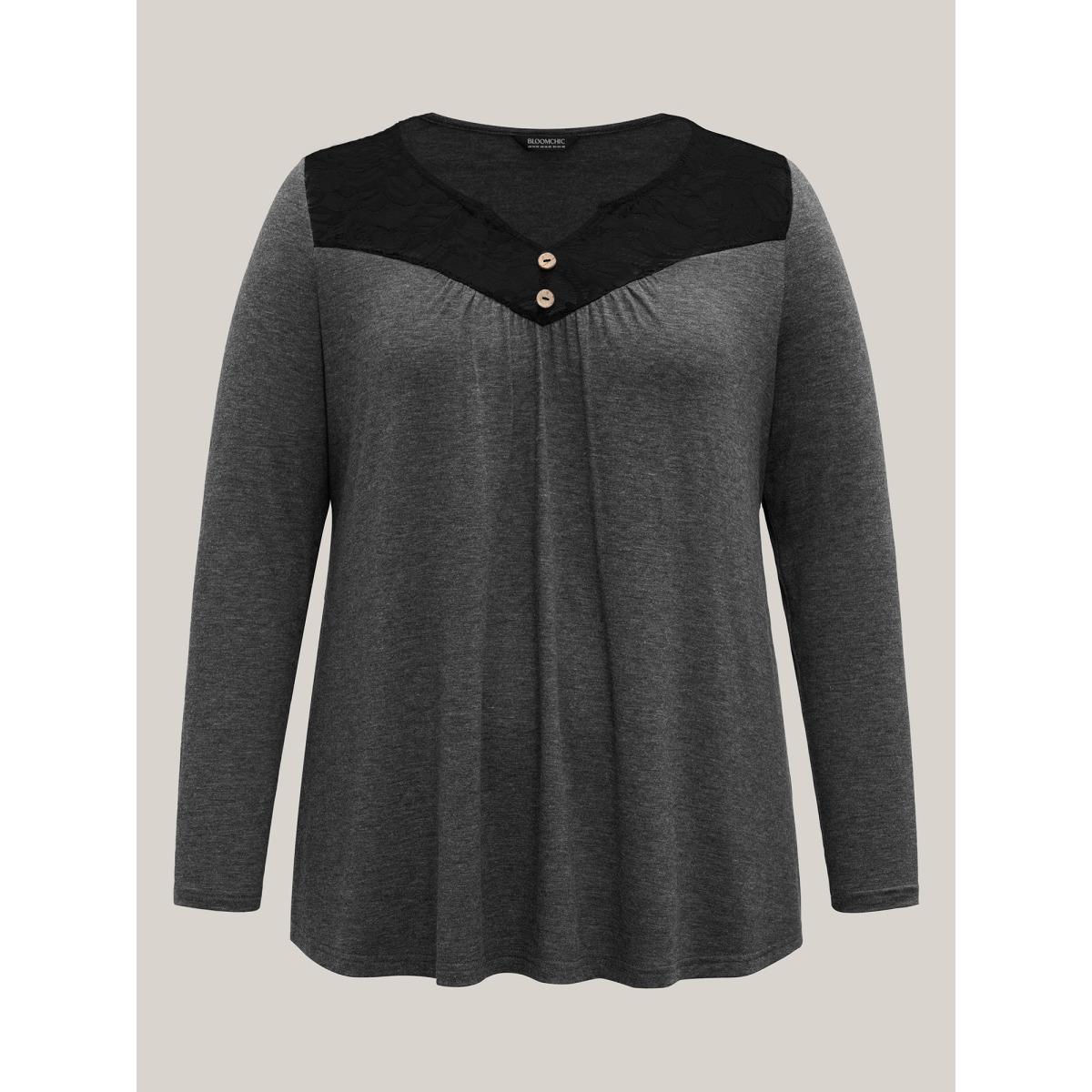 Plus Size Lace Neck Buttons Pleated T-Shirt DimGray Women Elegant Gathered Notched collar Everyday T-shirts BloomChic 18-20/2X Product Image