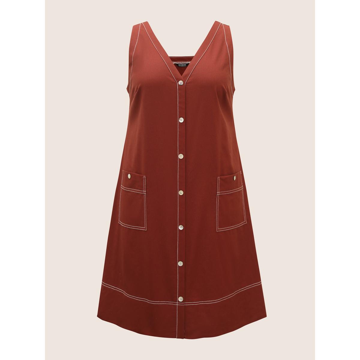 Plus Size Contrast Trim Patch Pocket Tank Dress Maroon Women Casual V-neck Sleeveless Curvy BloomChic 12/L Product Image