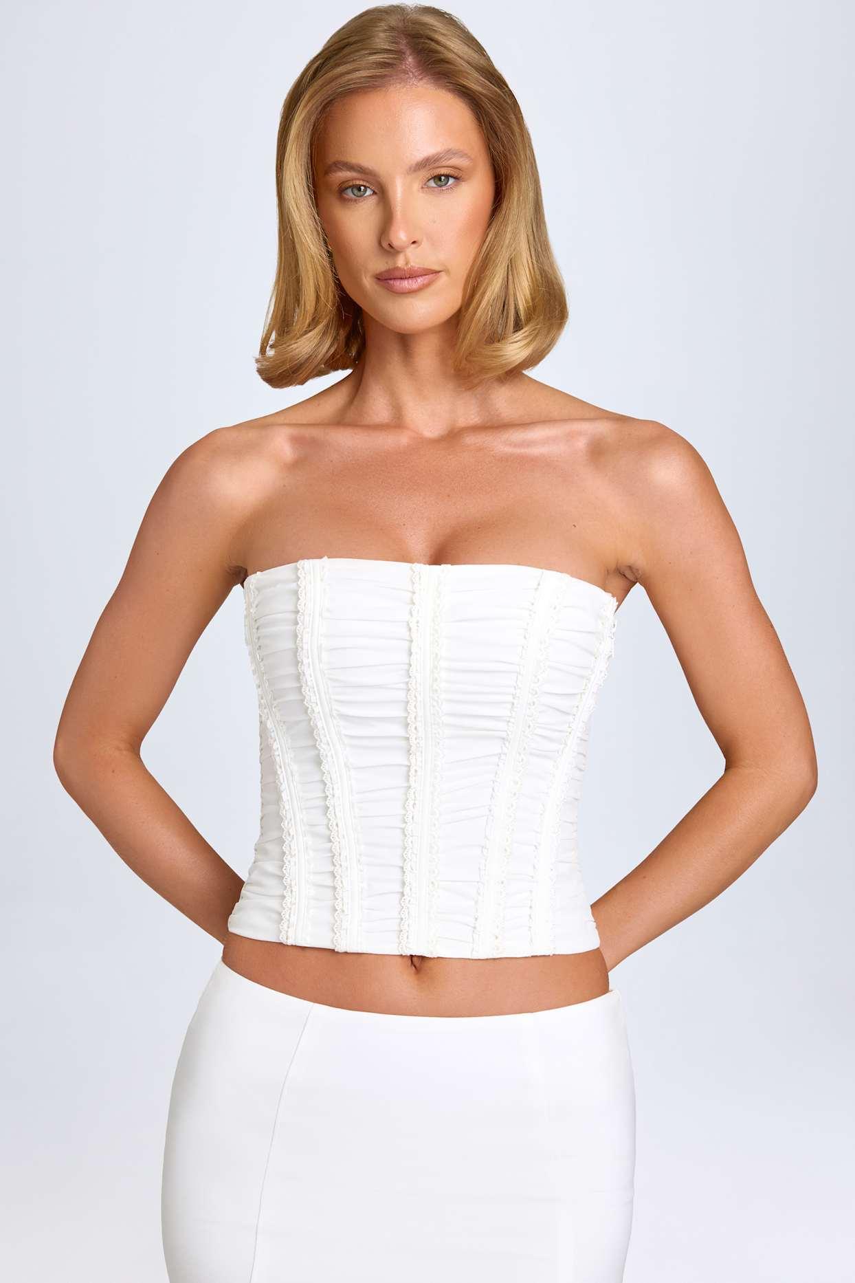 Ruched Lace-Up Corset Top in White Product Image