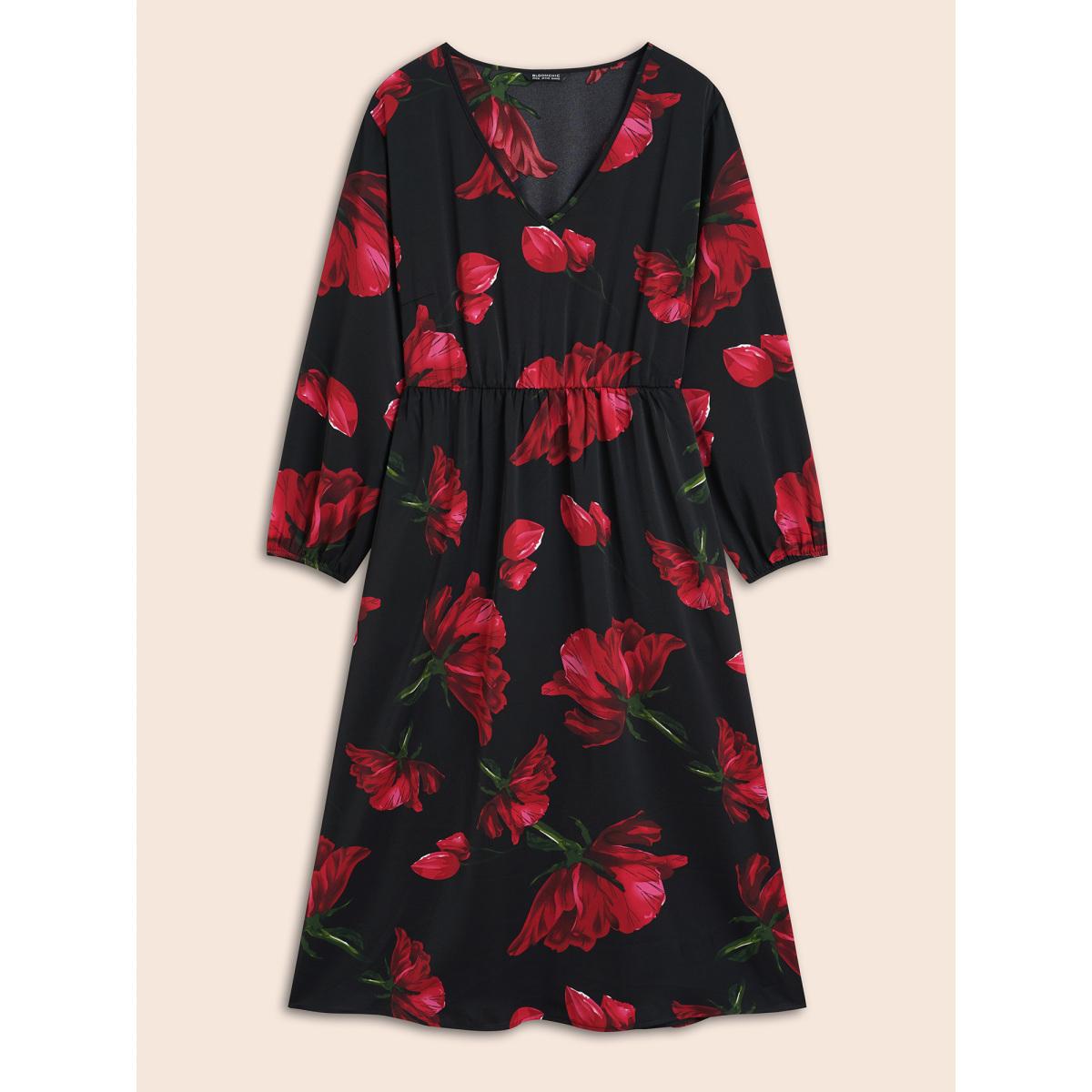 Plus Size Floral Elastic Waist Lantern Sleeve Dress Black Women Elegant Non V-neck Long Sleeve Curvy BloomChic 28/5X Product Image