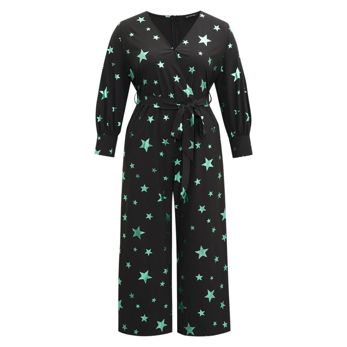 Plus Size Black Star Glitter Belted V Neck Jumpsuit Women Glamour Long Sleeve Overlap Collar Going out Loose Jumpsuits BloomChic 22-24/3X Product Image