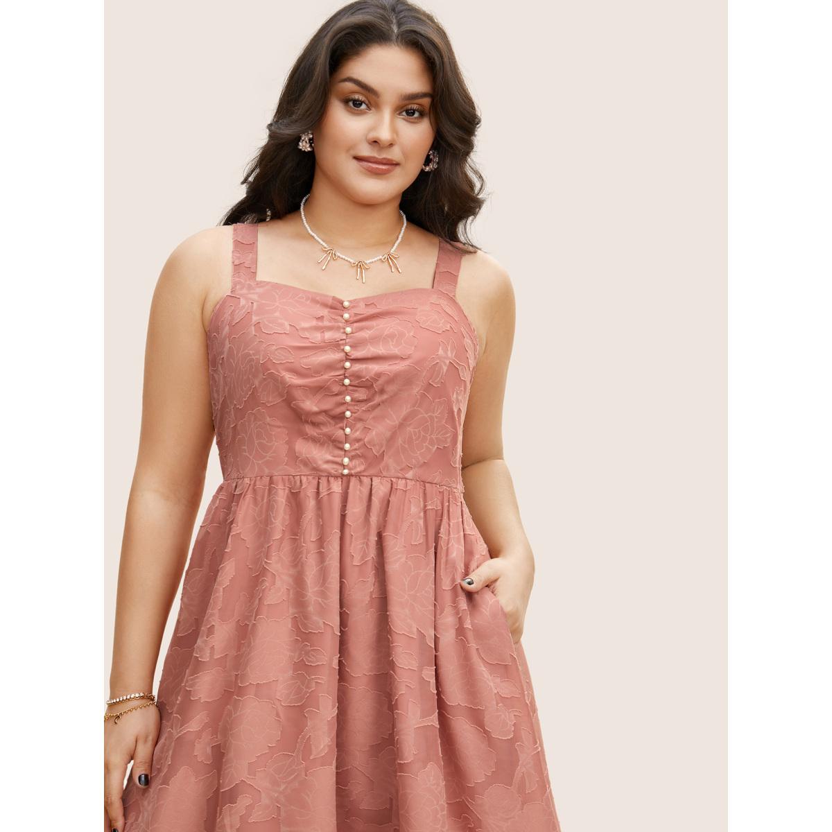 Plus Size Textured Mesh Pearl Beaded Ruched Pocket Dress DustyPink Women Elegant Texture Square Neck Sleeveless Curvy BloomChic 28/5X Product Image