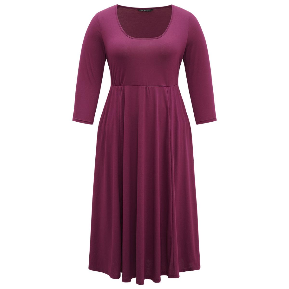 Plus Size Supersoft Essentials Scoop Neck Pleated Dress RedViolet Women Casual Plain Scoop Neck Elbow-length sleeve Curvy Midi Dress BloomChic 12/L Product Image