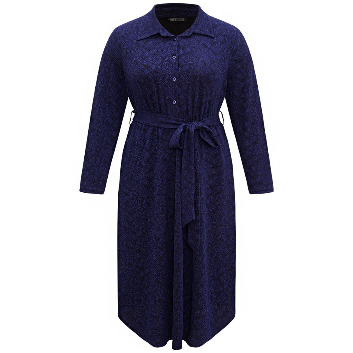 Plus Size Graphic Jacquard Shirt Collar Belted Dress Indigo Women Office Texture Shirt collar Long Sleeve Curvy Midi Dress BloomChic 12/L Product Image