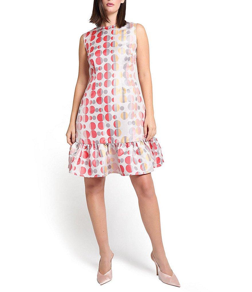 Ming Wang Novelty Woven Jacquard Polka Dot Crew Neck Sleeveless A-line Belted Sheath Dress Product Image