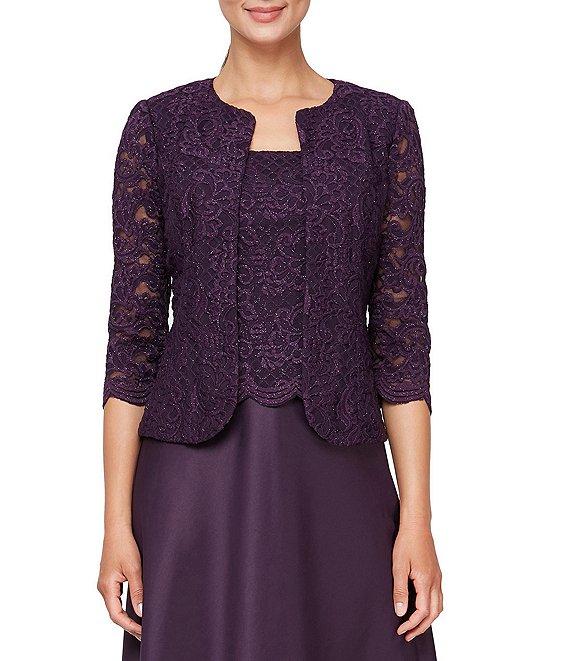 Alex Evenings Glitter Lace 3/4 Sleeve Square Neck Scallop Hem Bodice 2-Piece Jacket Gown Product Image