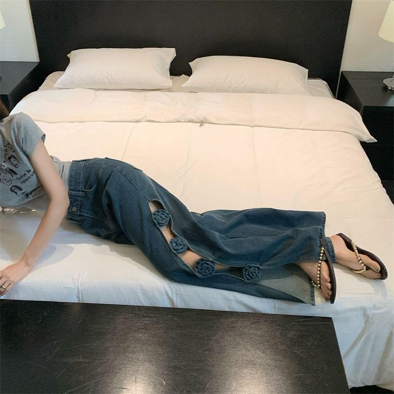 High Waist Washed Flower Detail Wide Leg Jeans Product Image