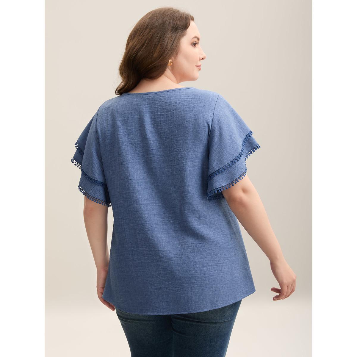 Plus Size Stone Textured Layered Ruffle Sleeve Lace Blouse Women Elegant Short sleeve Round Neck Everyday-Elegant Blouses BloomChic 30/6X Product Image