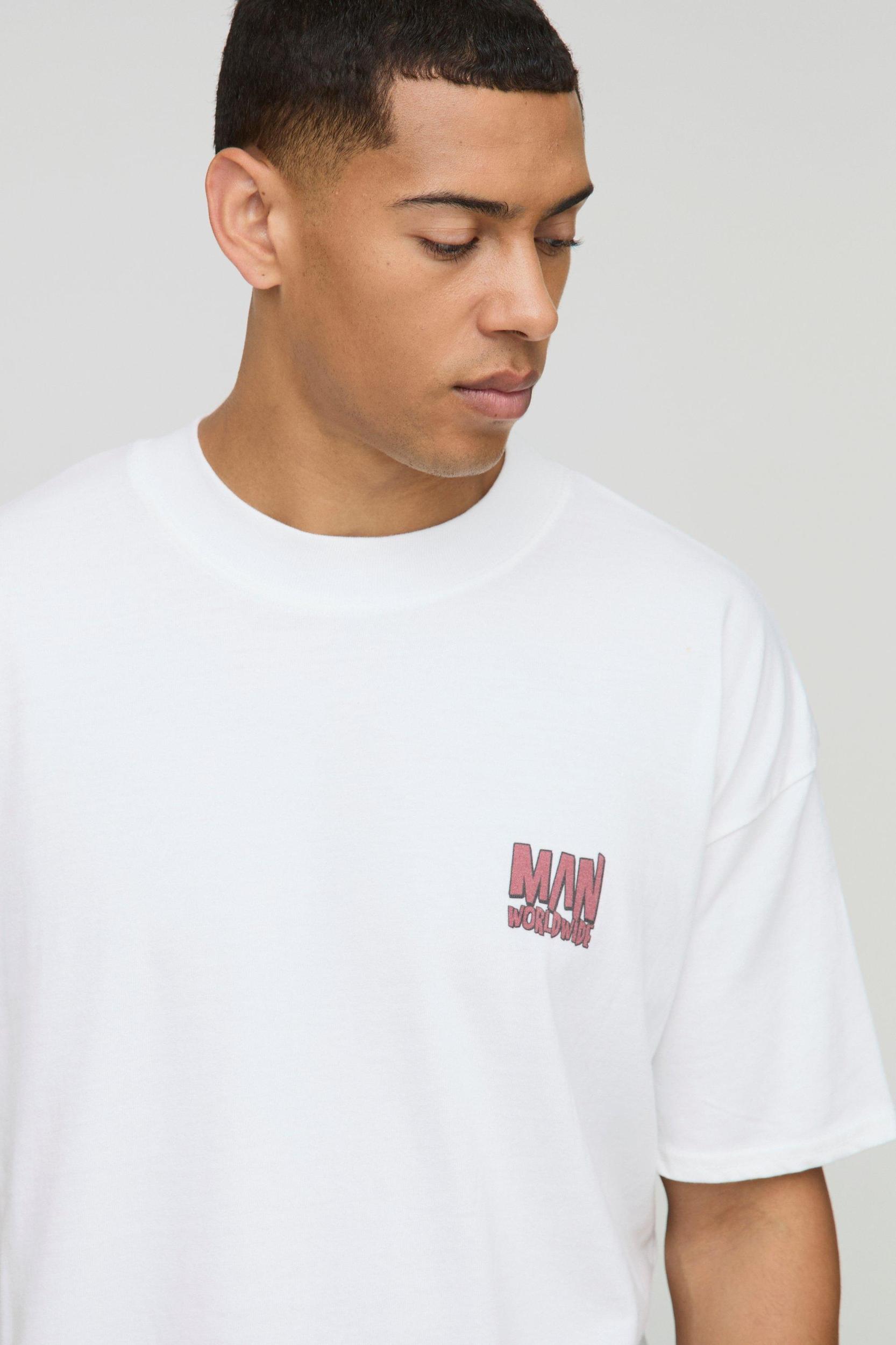 White Oversized Extended Neck Man Record Label Graphic T-Shirt | boohooMAN USA Product Image
