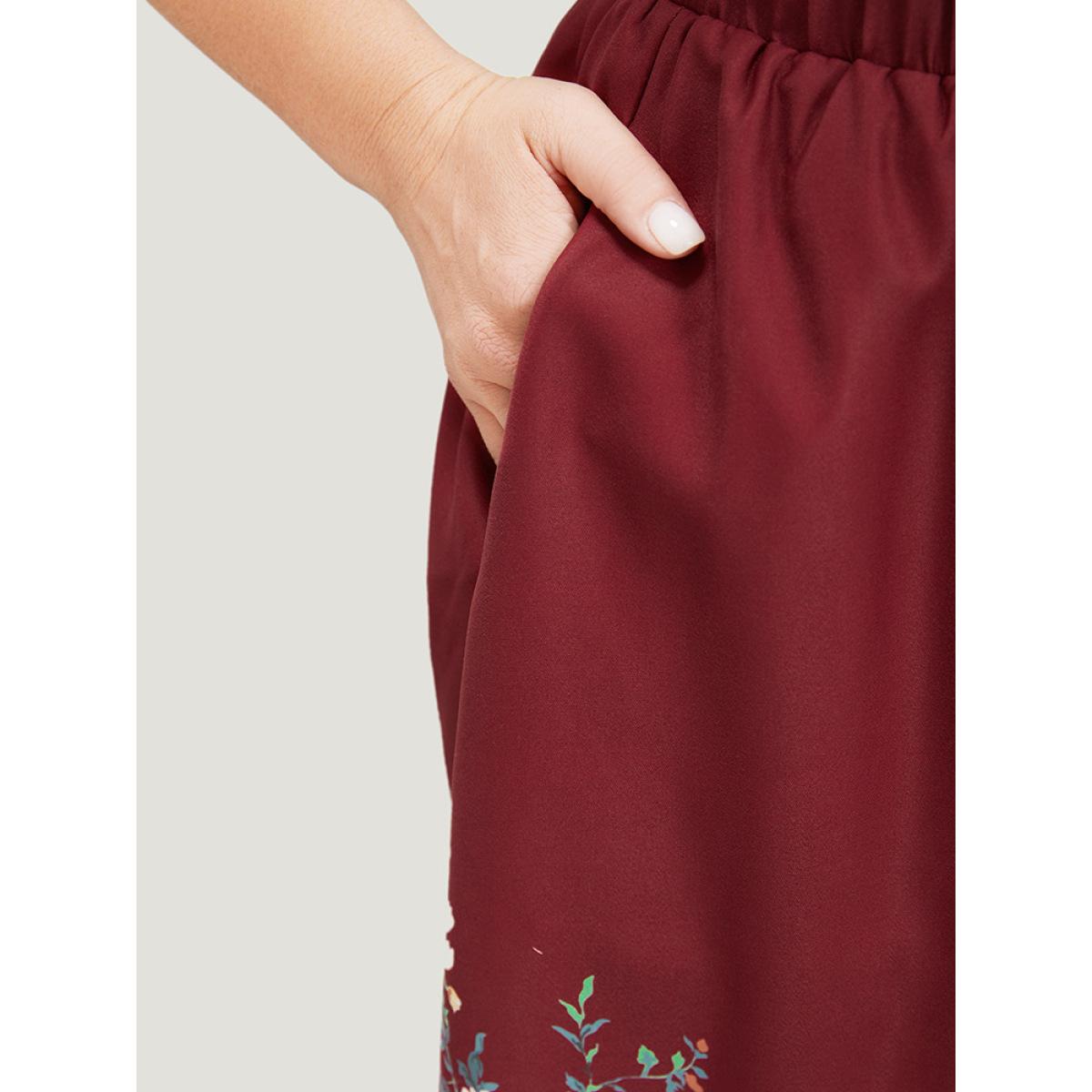 Plus Size Floral Print Pocket Flutter Hem Skirt Women Burgundy Elegant Printed No stretch Pocket Dailywear Skirts BloomChic 28/5X Product Image