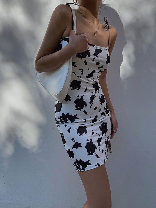 Cow Print Tie Strap Mini Dress Product Image