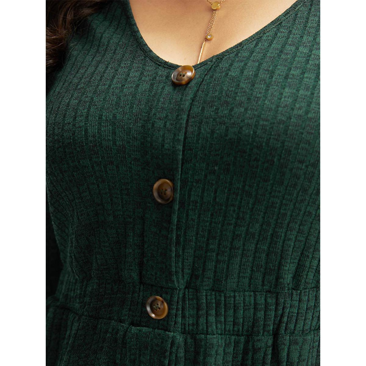 Plus Size Rib Knit Button Detail Pocket Dress DarkGreen Women Casual Plain V-neck Long Sleeve Curvy Midi Dress BloomChic 28/5X Product Image