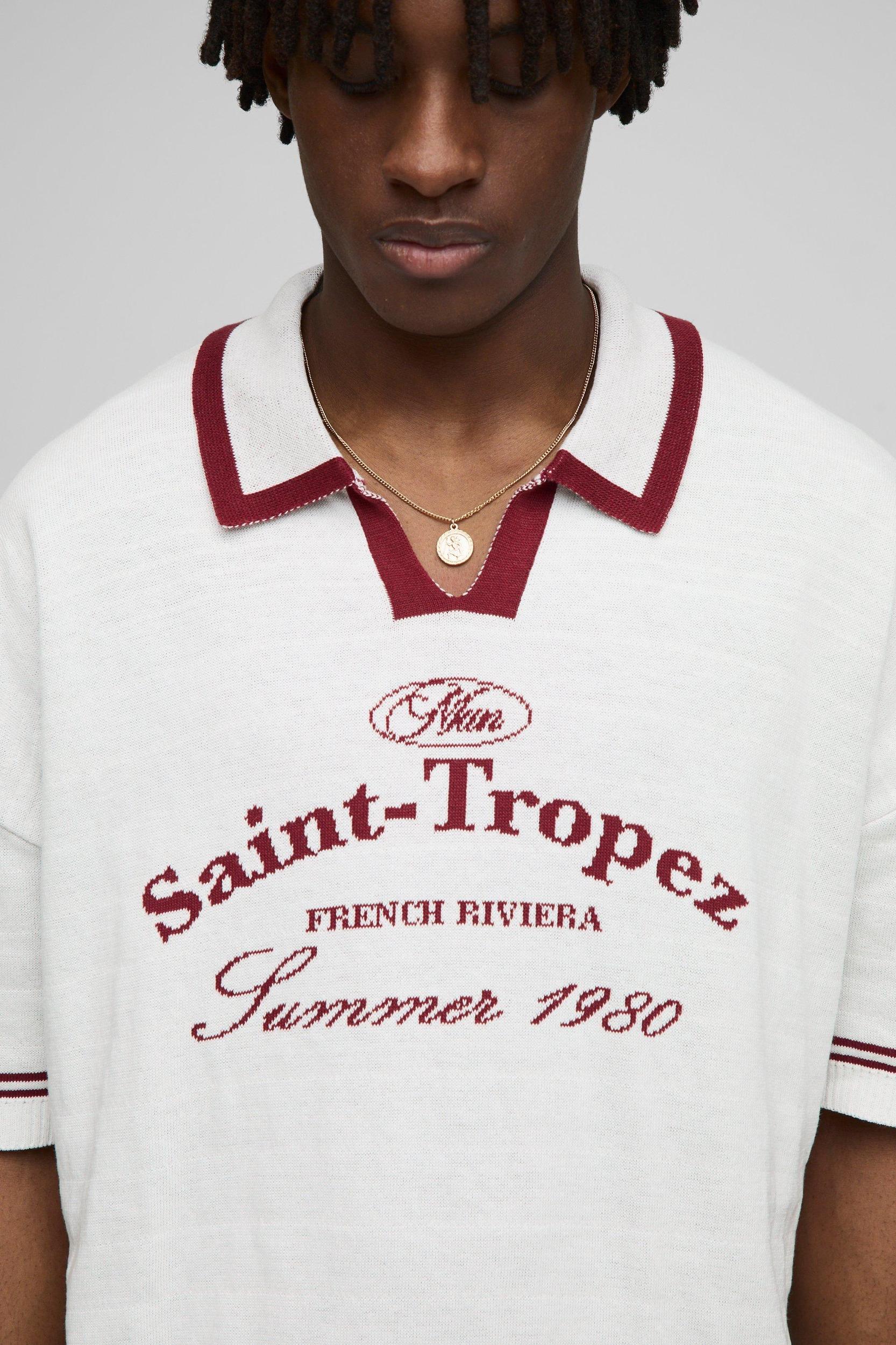 Boxy V Neck Saint Tropez Knitted Polo | boohooMAN USA Product Image