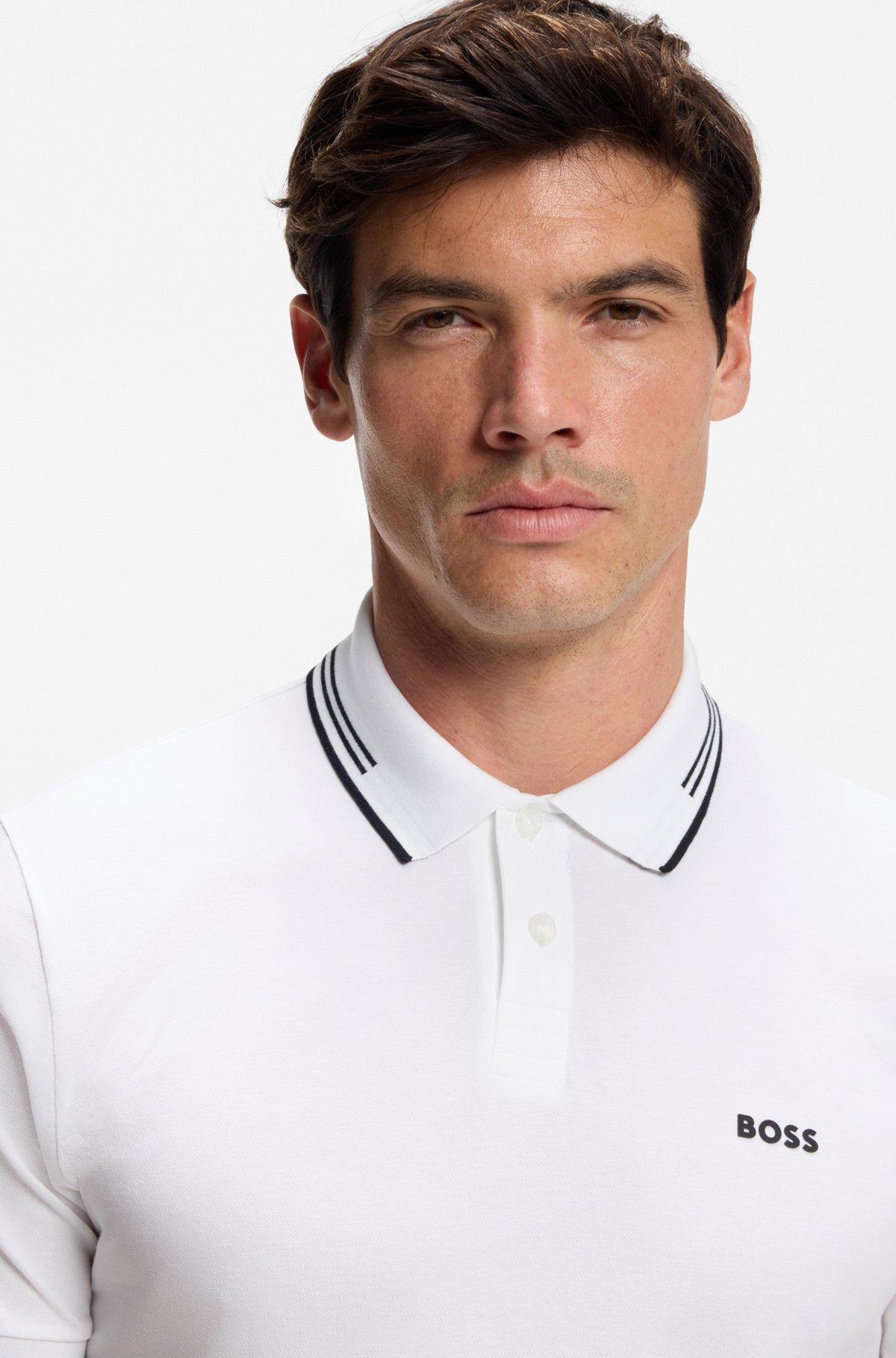 Stretch-cotton slim-fit polo shirt with branding and stripes Product Image