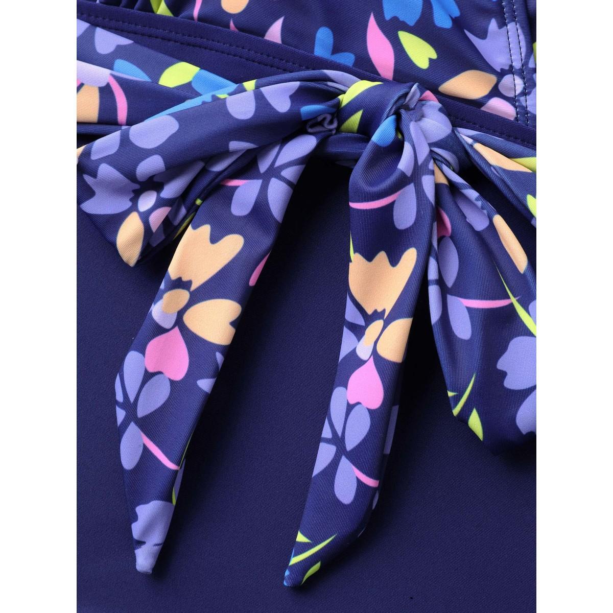 Plus Size Floral Ruffled Belted One-Piece Swimsuit Women's Swimwear Indigo Beach Tie knot Curve Bathing Suits High stretch One Pieces BloomChic 22-24/3X Product Image