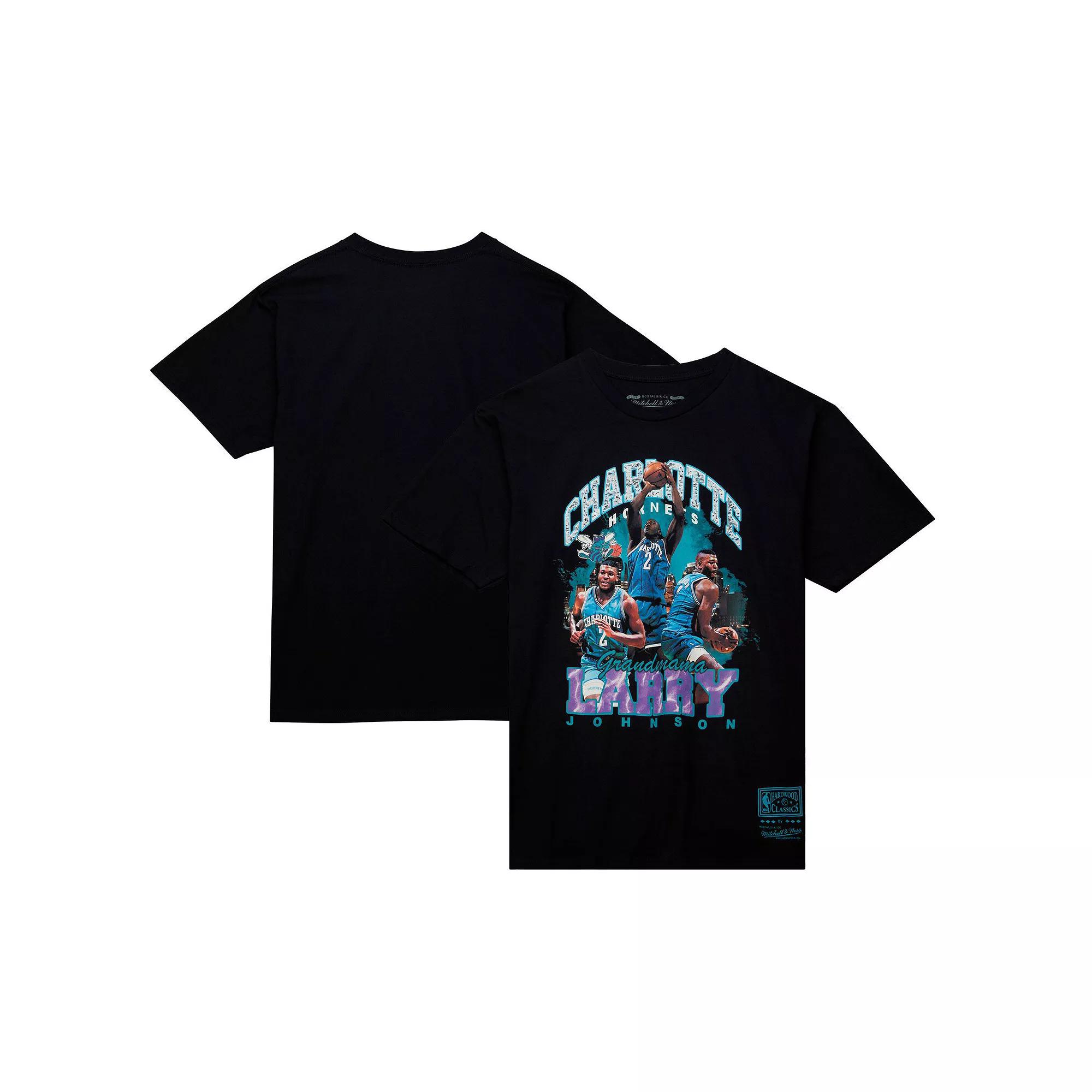 Men's Mitchell & Ness Larry Johnson Black Charlotte Hornets Hardwood Classics Bling Concert Player T-Shirt, Size: Small, Chr Black Product Image