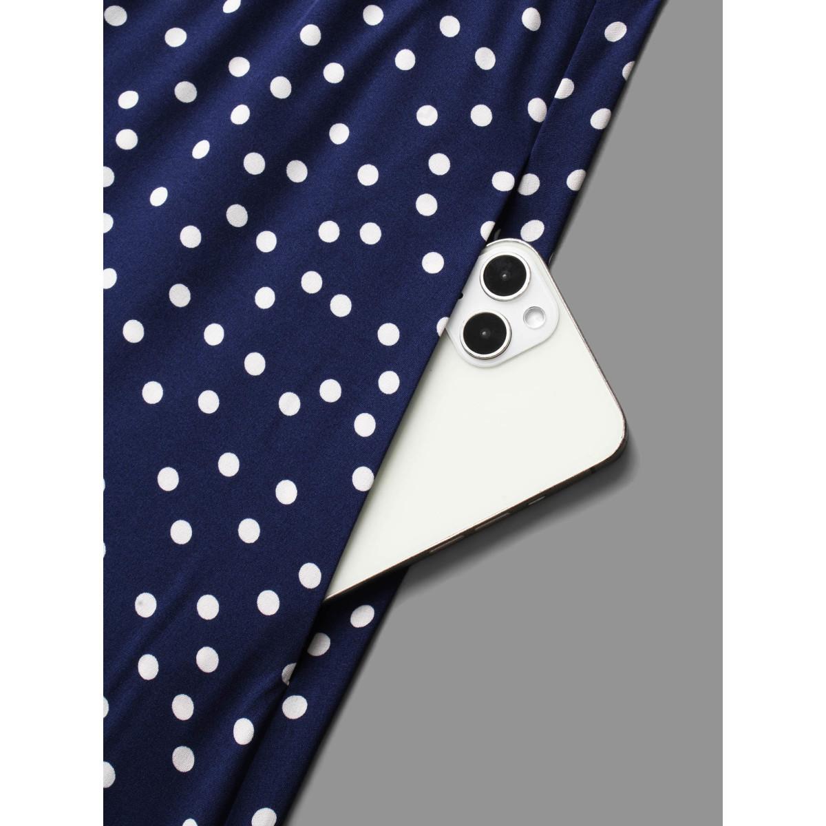 Plus Size Polka Dot Heart Neckline Midi Dress Indigo Women At the Office Ruffles Heart neckline Long Sleeve Curvy BloomChic 28/5X Product Image