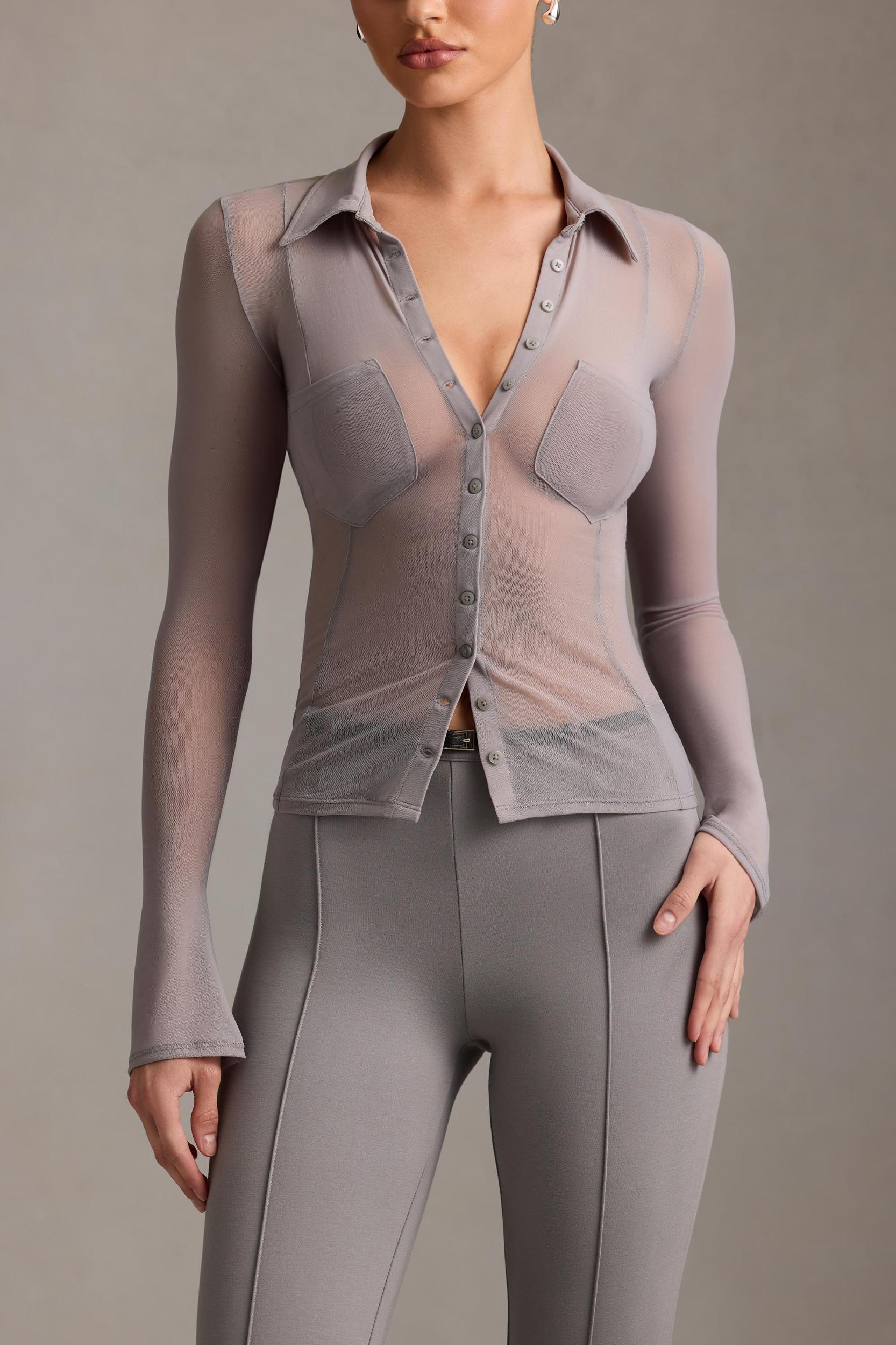 Sheer Long-Sleeve Shirt in Grey Female Product Image