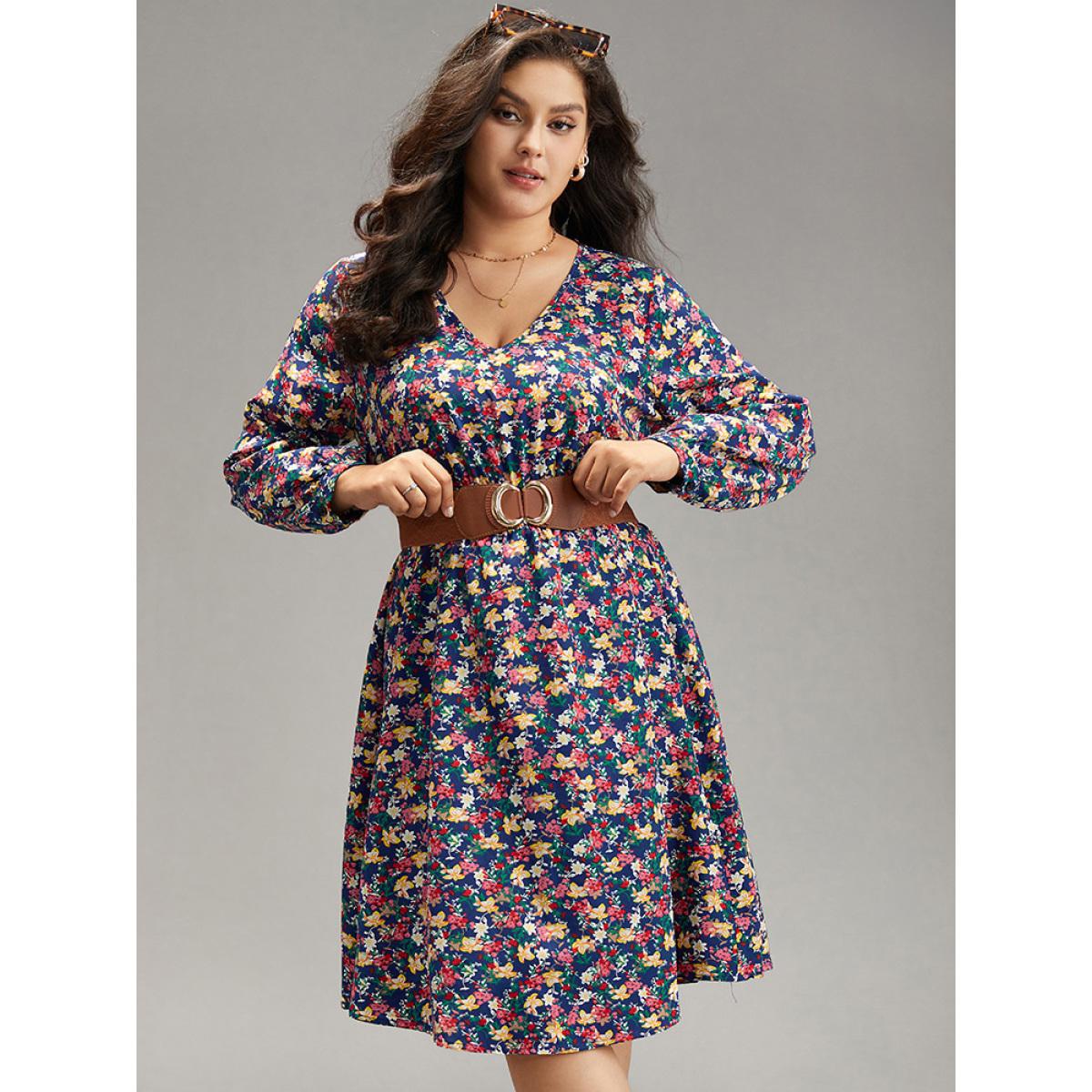 Plus Size Ditsy Floral Shirred Knee Dress DarkBlue Women Elegant Printed V-neck Long Sleeve Curvy Knee Dress BloomChic 18-20/2X Product Image