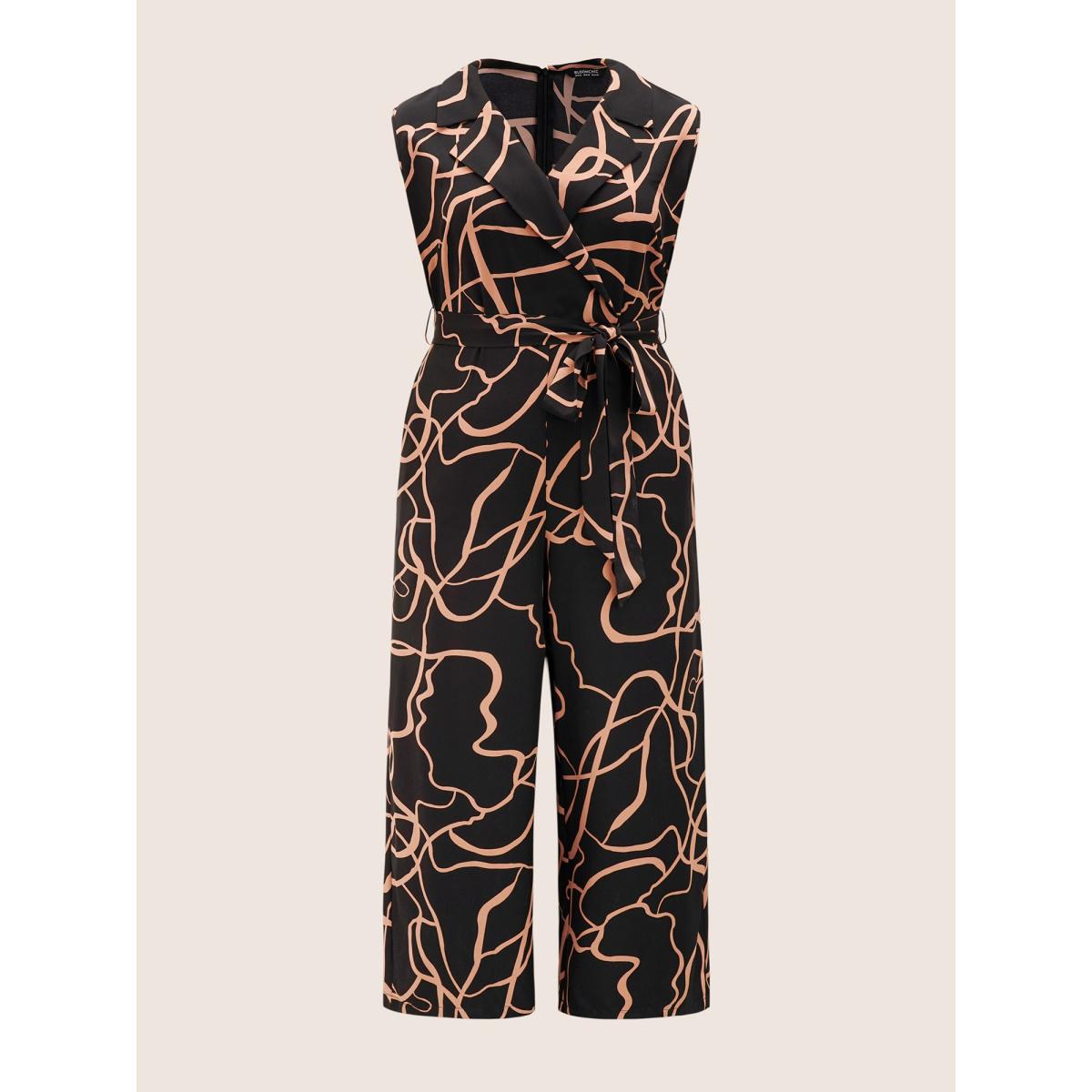 Plus Size Black Abstract Print Suit Collar Belted Jumpsuit Women At the Office Sleeveless Suit Collar Work Loose Jumpsuits BloomChic 28/5X Product Image