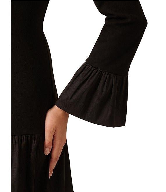 Adrianna Papell Stretch Crepe Taffeta Crew Neck Long Bell Sleeves Drop Waist Mini Dress Product Image