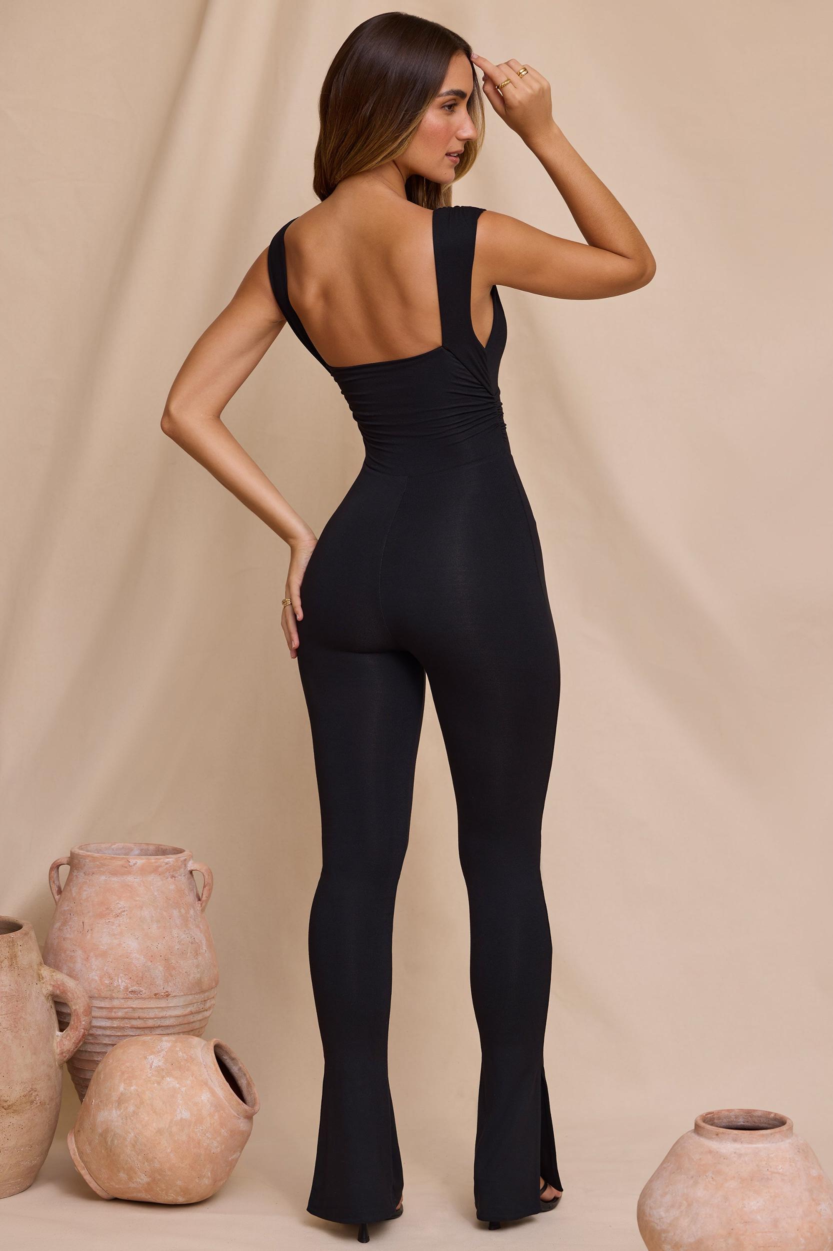 Plunge Neck Ruched Waist Jumpsuit in Black Product Image