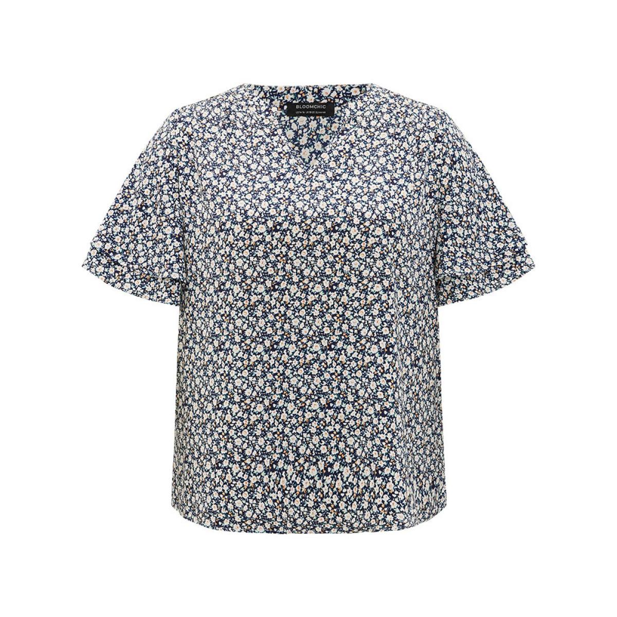 Plus Size Indigo Ditsy Floral Notched Flutter Sleeve Blouse Women Elegant Short sleeve Notched collar Dailywear Blouses BloomChic 30/6X Product Image