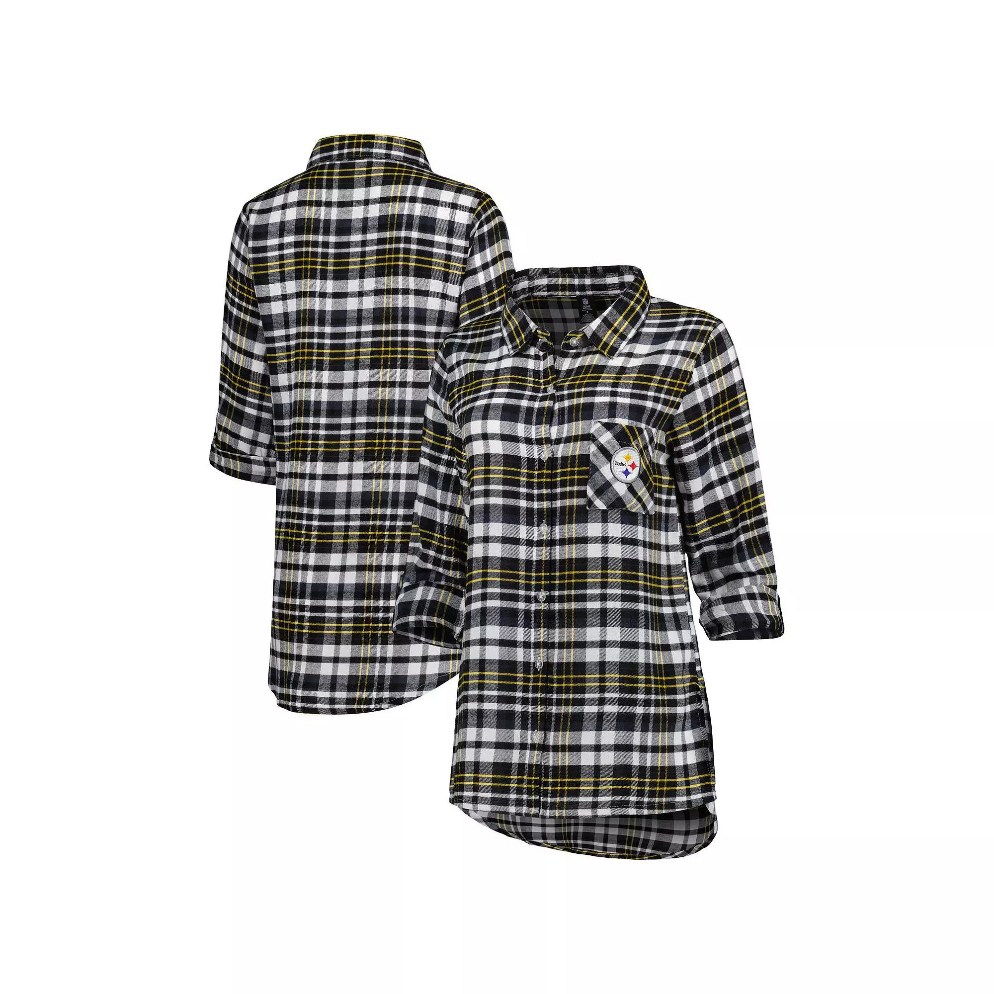 Women's Concepts Sport Black Pittsburgh Steelers Mainstay Plaid Full-Button Long Sleeve Nightshirt, Size: XL Product Image