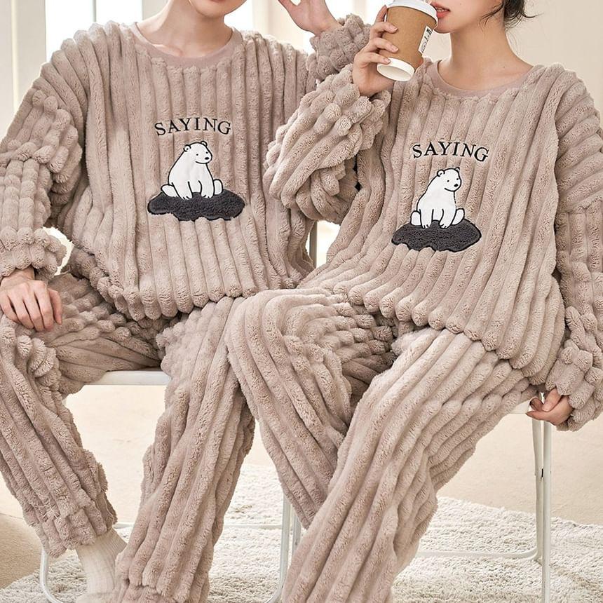 Couple Matching Pajama Set: Crew Neck Bear Embroidered Sweatshirt + Plain Pants Product Image