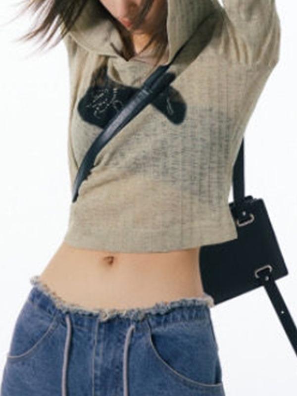 Print Patched Ribbed Design Thin Long Sleeve Knit Product Image