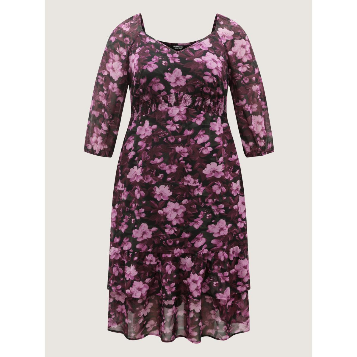 Plus Size Large Floral Print Shirred Waist Midi Dress Deeppurplered Women Romantic Shirred Heart neckline Elbow-length sleeve Curvy BloomChic 10/M Product Image