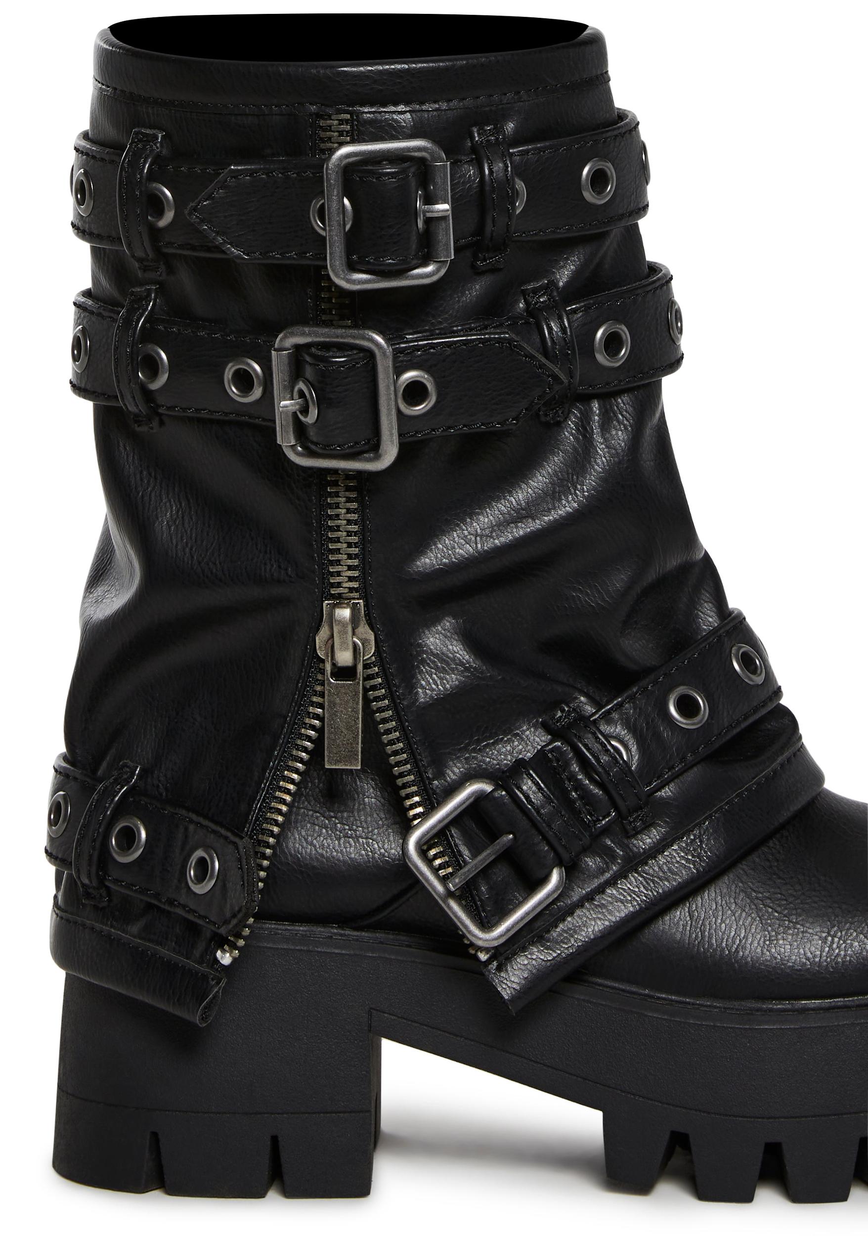 Vegan Leather Multi Buckle Mid Calf Zippered Combat Boots Darker Wavs - Black Product Image