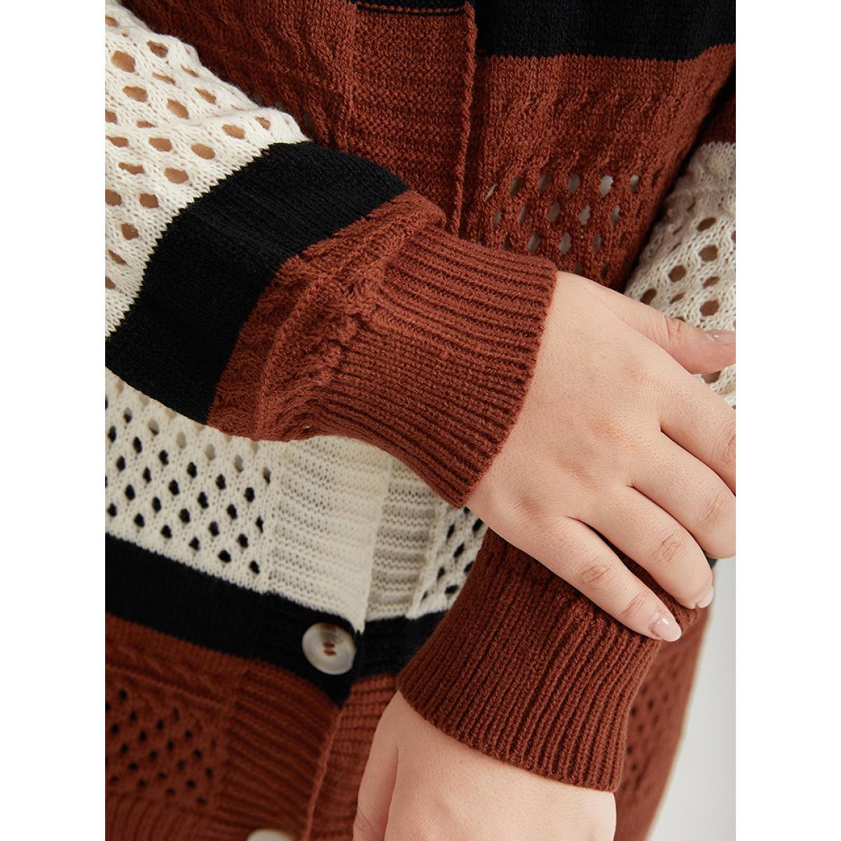 Plus Size Colorblock Contrast Geo Eyelet Button Through Cardigan Rust Women Casual Loose Long Sleeve Dailywear Cardigans BloomChic 14-16/1X Product Image