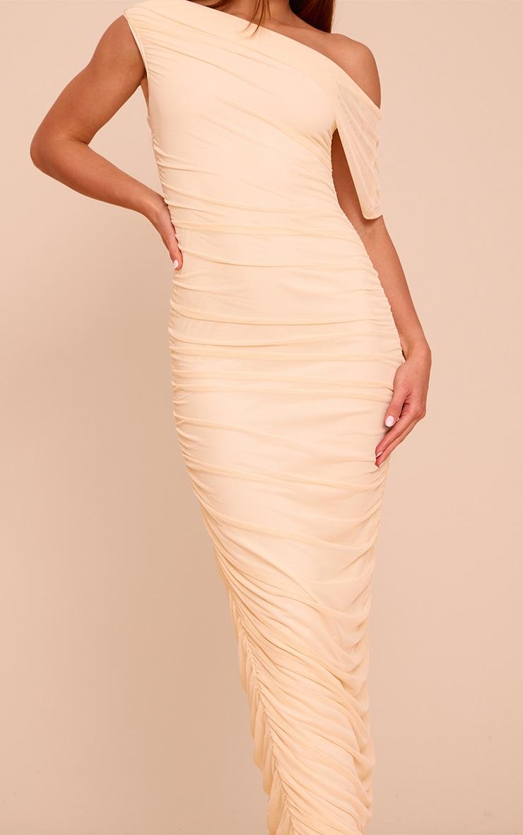 Tall Almond Mesh Overlay One Shoulder Ruched Maxi Dress Product Image