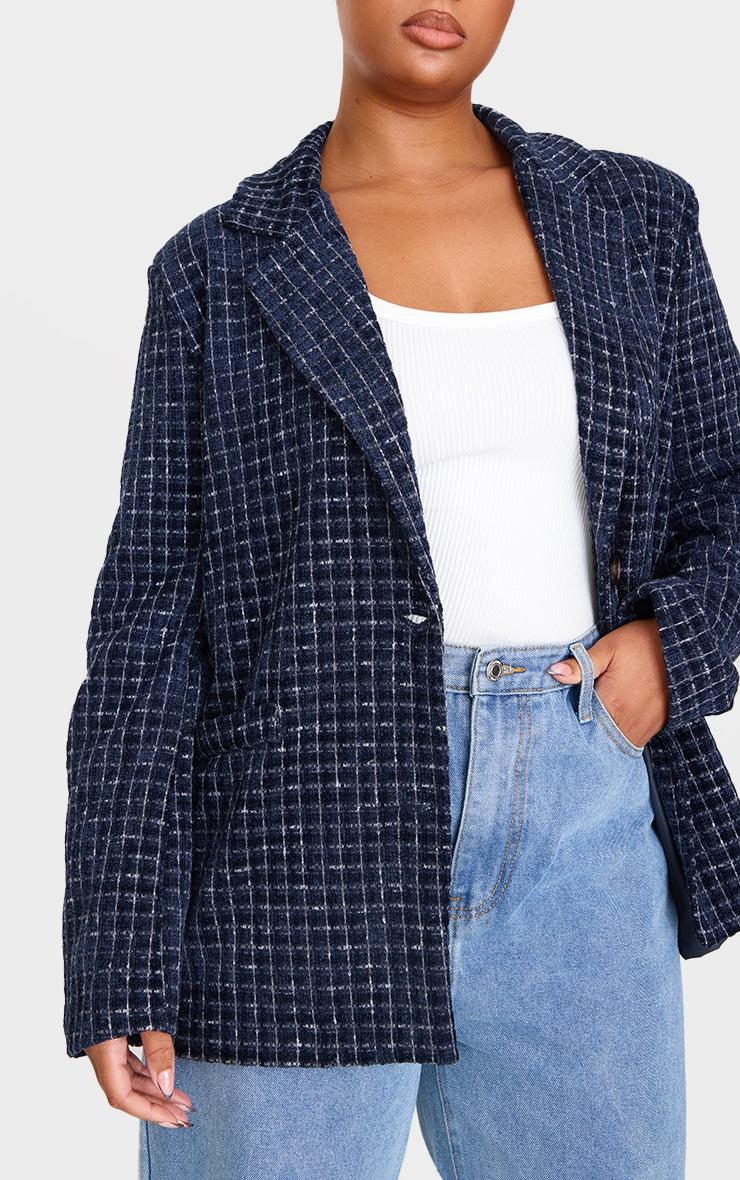 Plus Navy Boucle Check Blazer Product Image