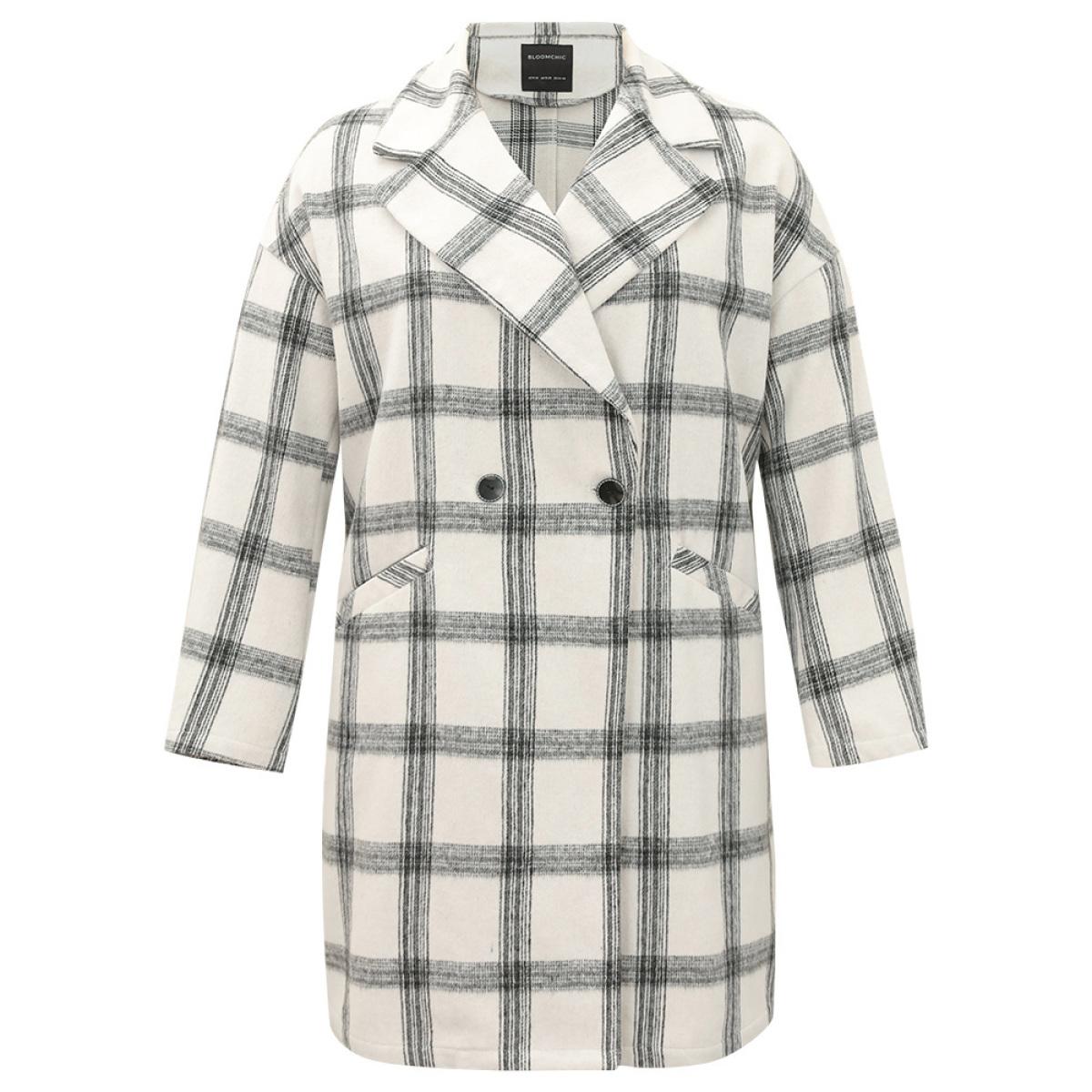 Plus Size Plaid Lapel Collar Button Up Coat Women White Casual Button Ladies Dailywear Winter Coats BloomChic 30/6X Product Image