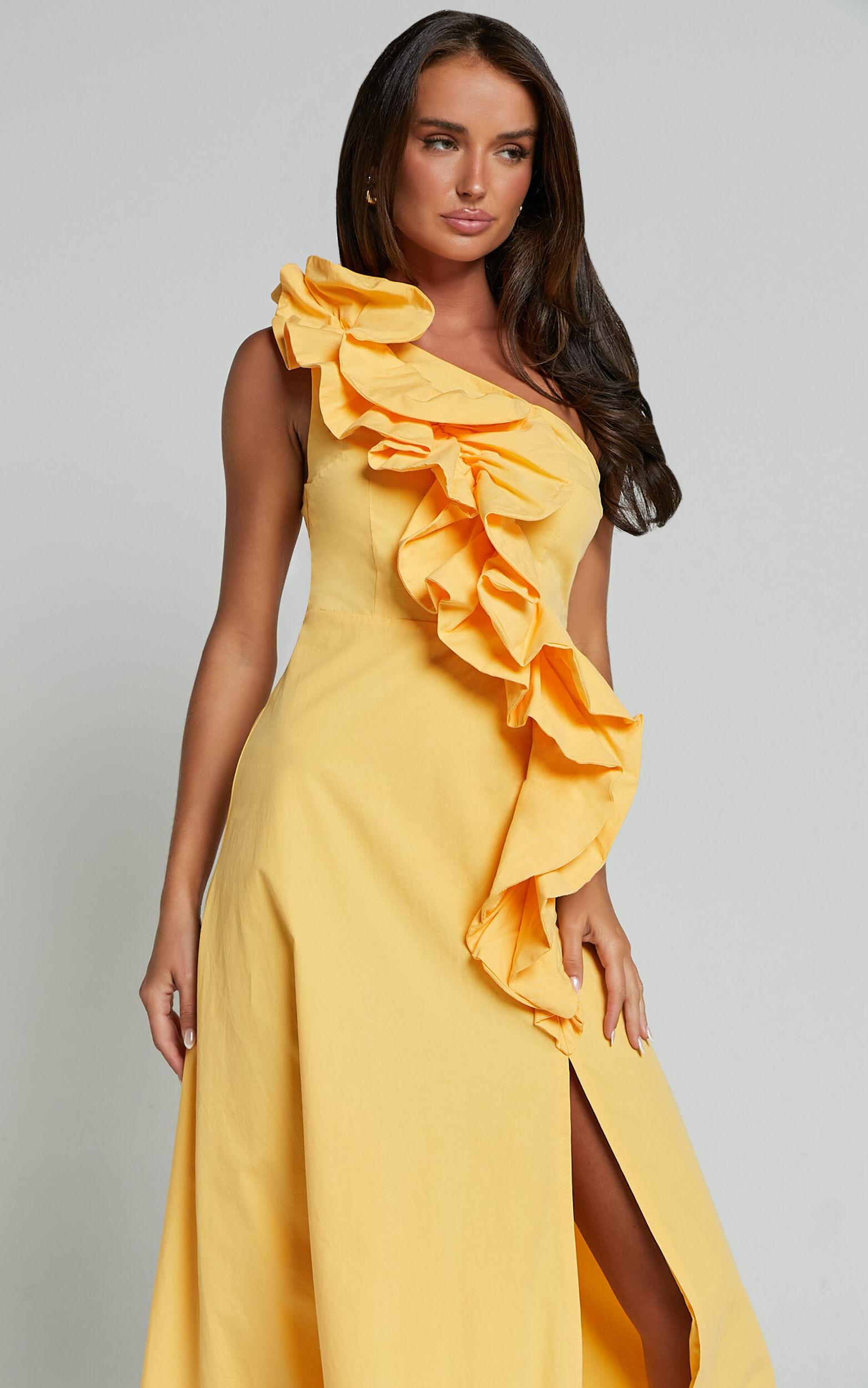 Rita Midi Dress - One Shoulder Ruffle Detail Dress in Yellow Product Image