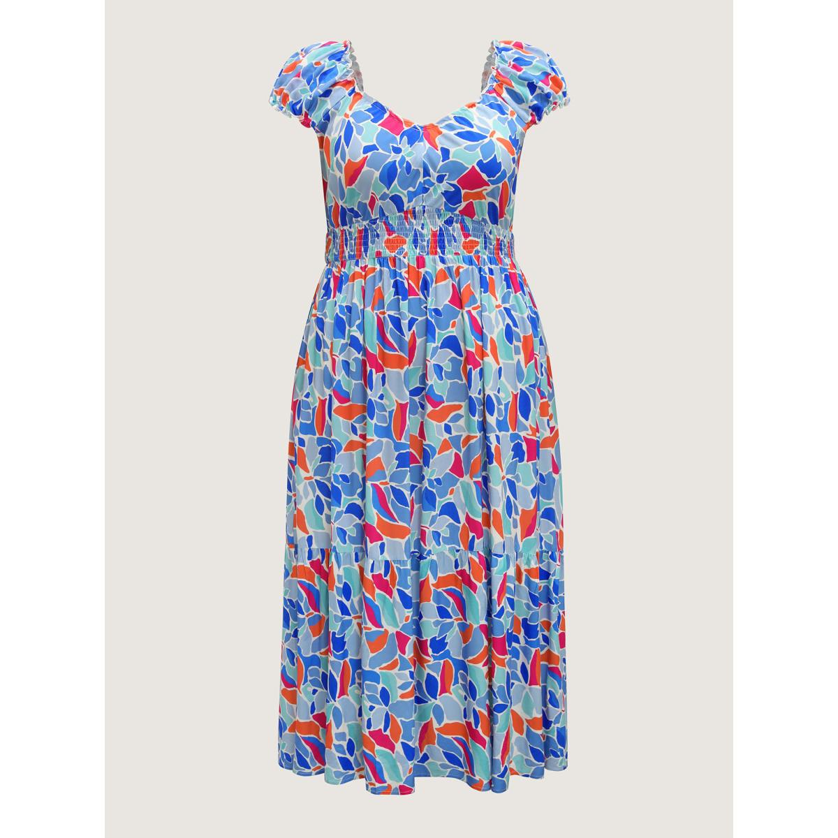 Plus Size Floral Abstract Shirred Waist Midi Dress Bluepurple Women V-neck Cap Sleeve Curvy BloomChic 14-16/1X Product Image