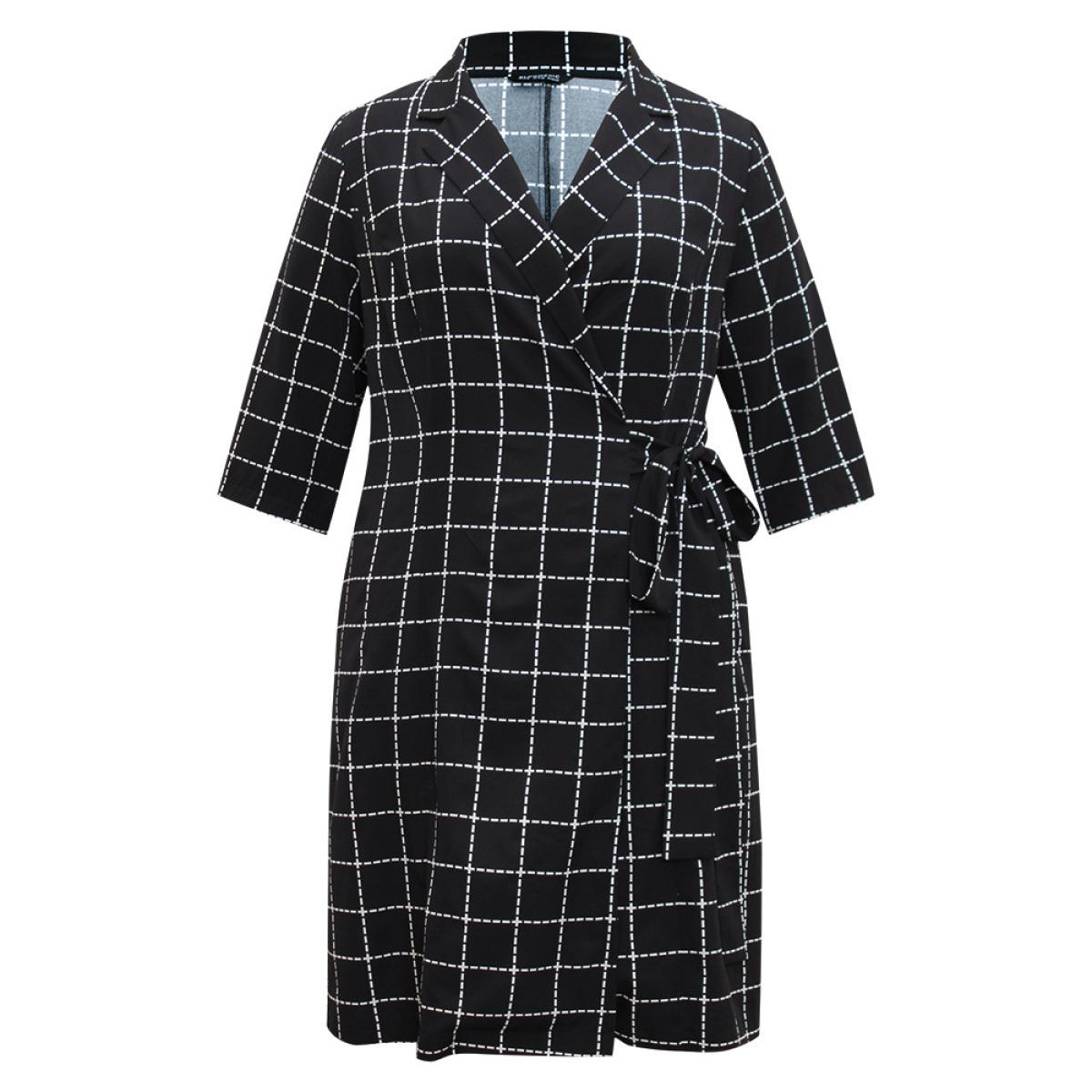 Plus Size Plaid Suit Collar Pocket Ties Wrap Dress Black Women Office Wrap Suit Collar Elbow-length sleeve Curvy Midi Dress BloomChic 18-20/2X Product Image