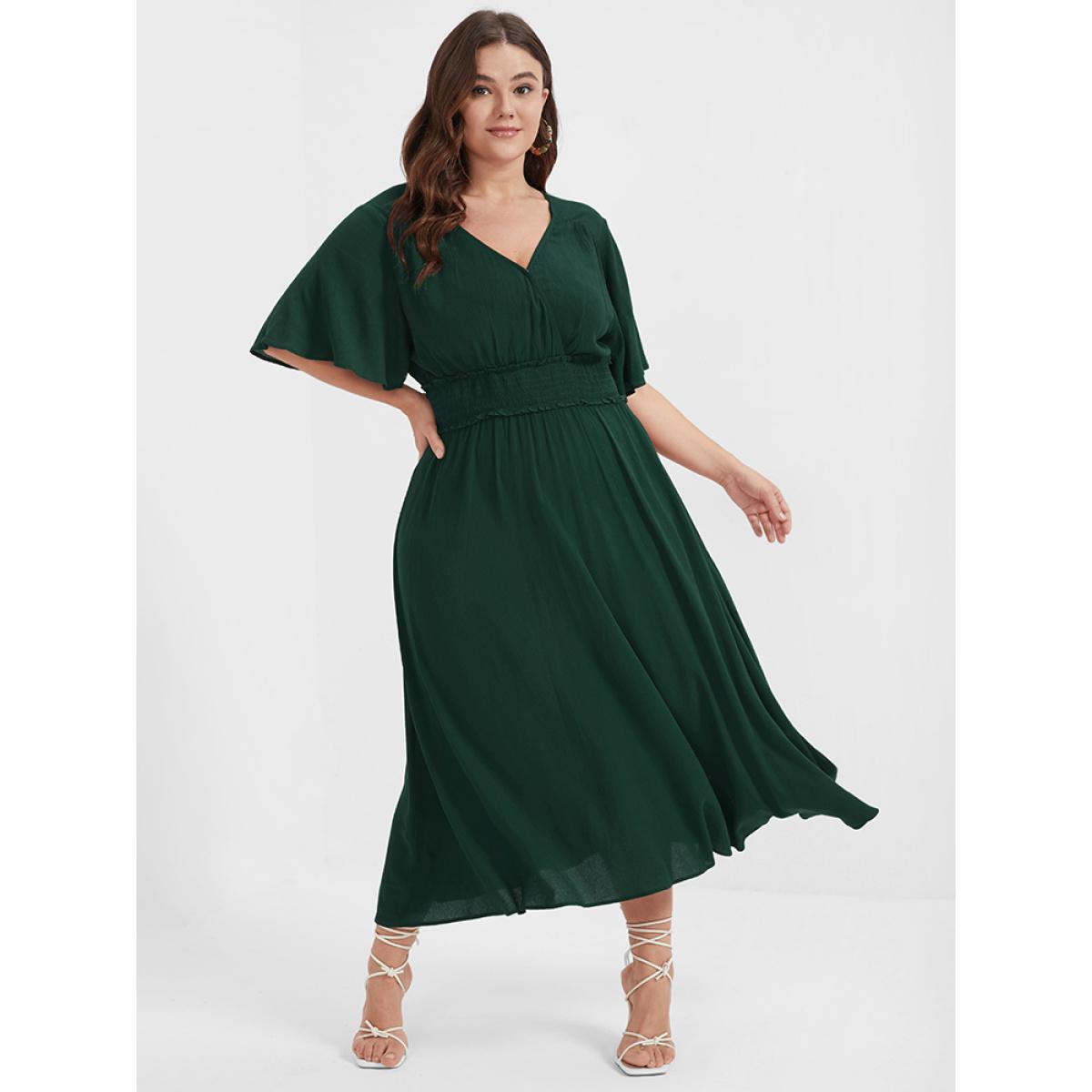 Plus Size Plain Shirred Button Elastic Waist Ruffles Midi Dress DarkGreen Women Elegant Elastic Waist V-neck Short sleeve Curvy Midi Dress BloomChic 26/4X Product Image