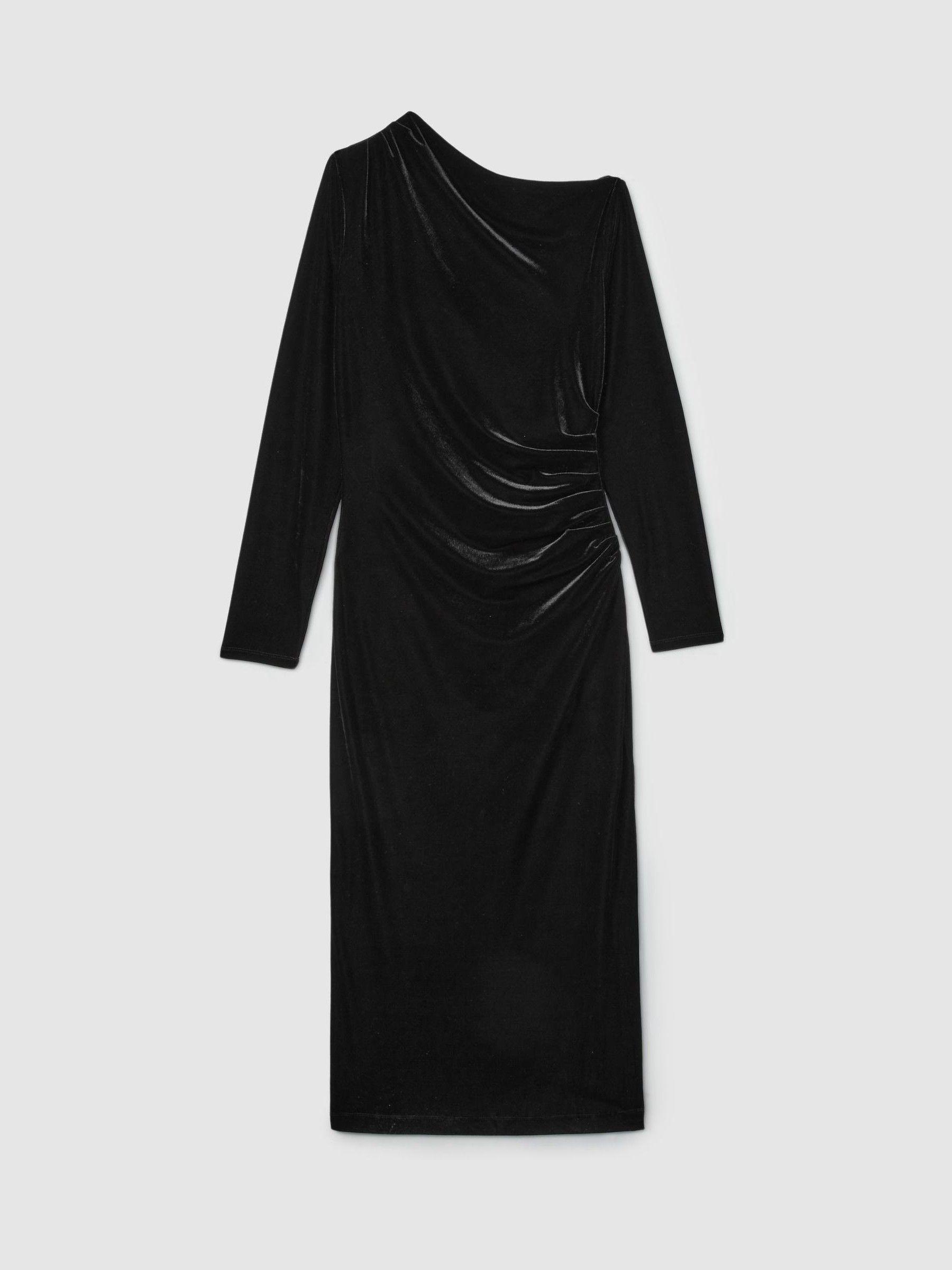 Off-the-Shoulder Velvet Dress in Black Product Image