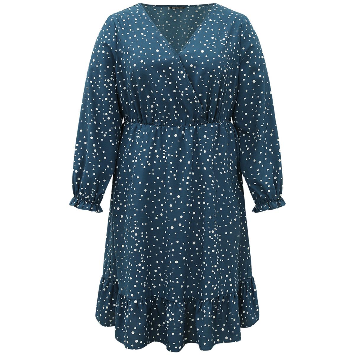 Plus Size Polka Dot Overlap Collar Flutter Trim Dress Aegean Women Elegant Elastic cuffs V-neck Long Sleeve Curvy Midi Dress BloomChic 12/L Product Image